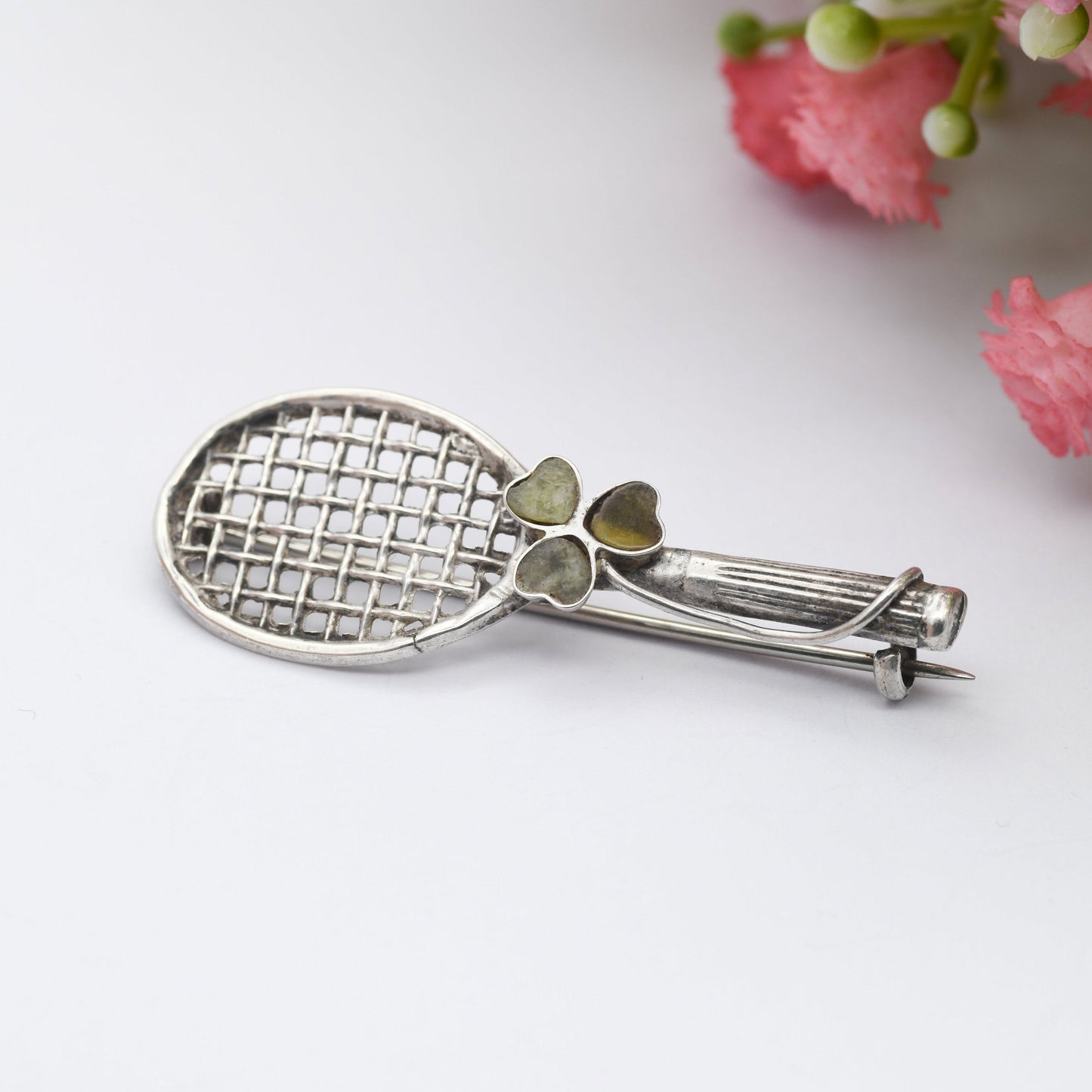 Antique Sterling Silver Connemara Marble Tennis Racket Brooch with Three Leaf Clover - Irish Green