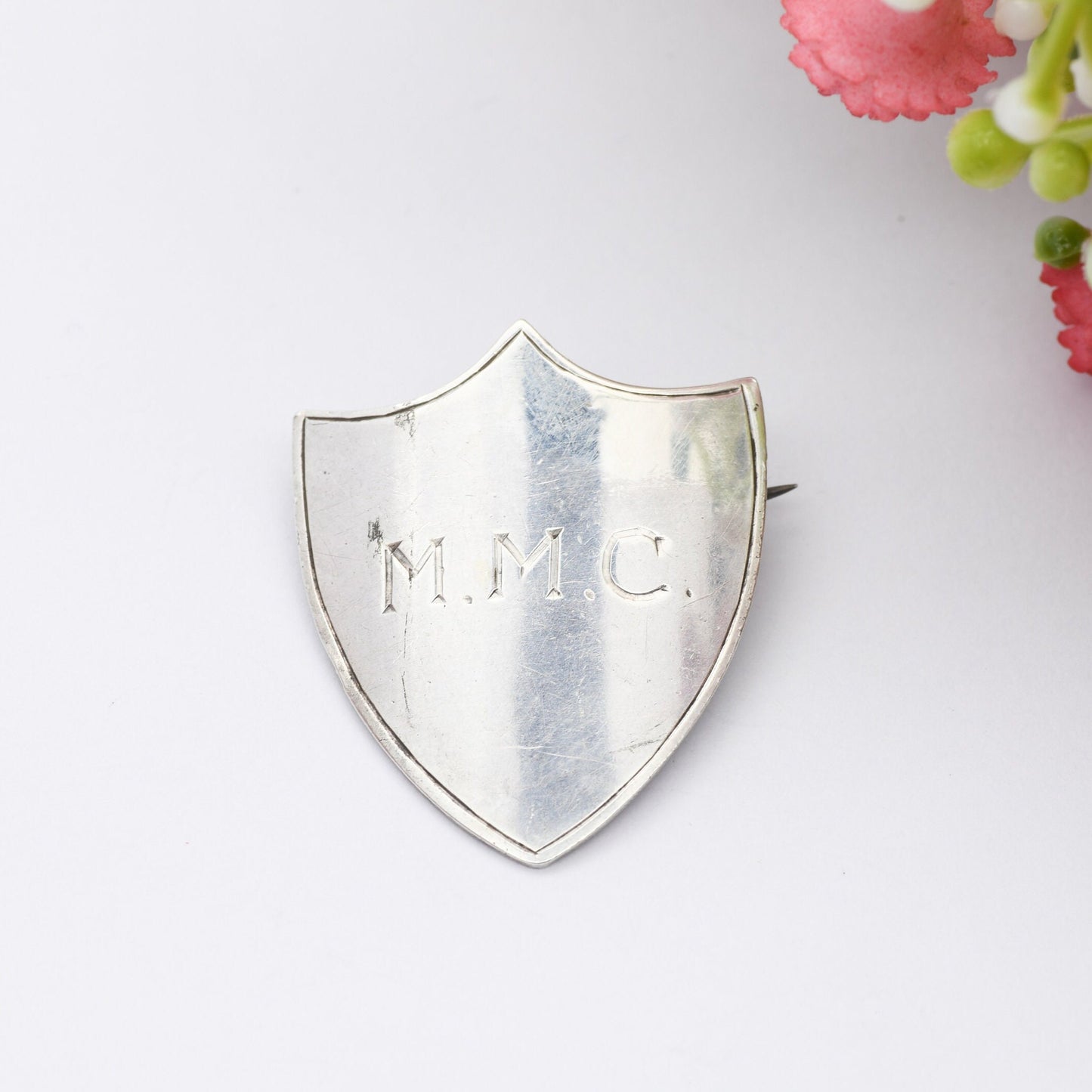 Antique Sterling Silver Shield Brooch MMC 1913 by John William Kirwan - Engraved Plaque Initials