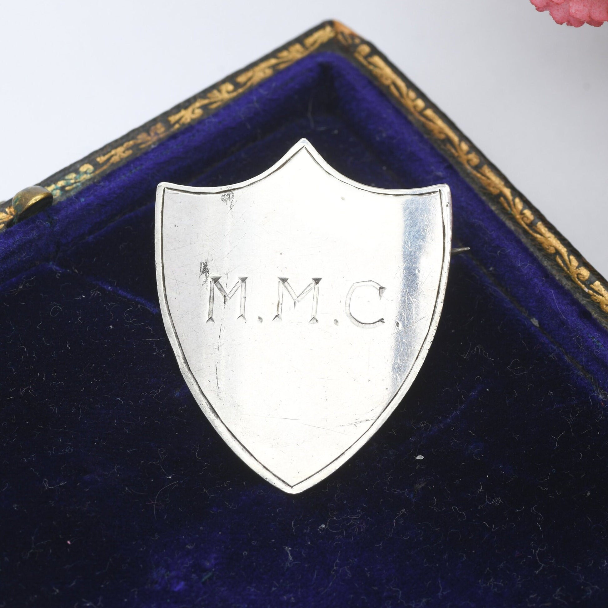 Antique Sterling Silver Shield Brooch MMC 1913 by John William Kirwan - Engraved Plaque Initials