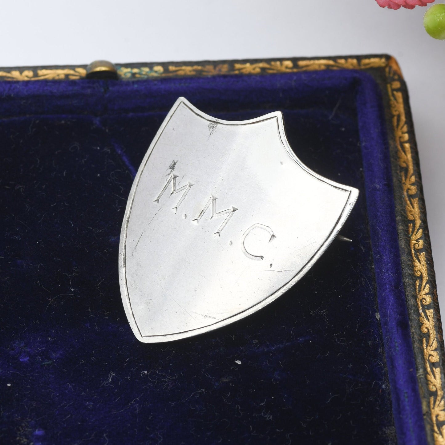 Antique Sterling Silver Shield Brooch MMC 1913 by John William Kirwan - Engraved Plaque Initials