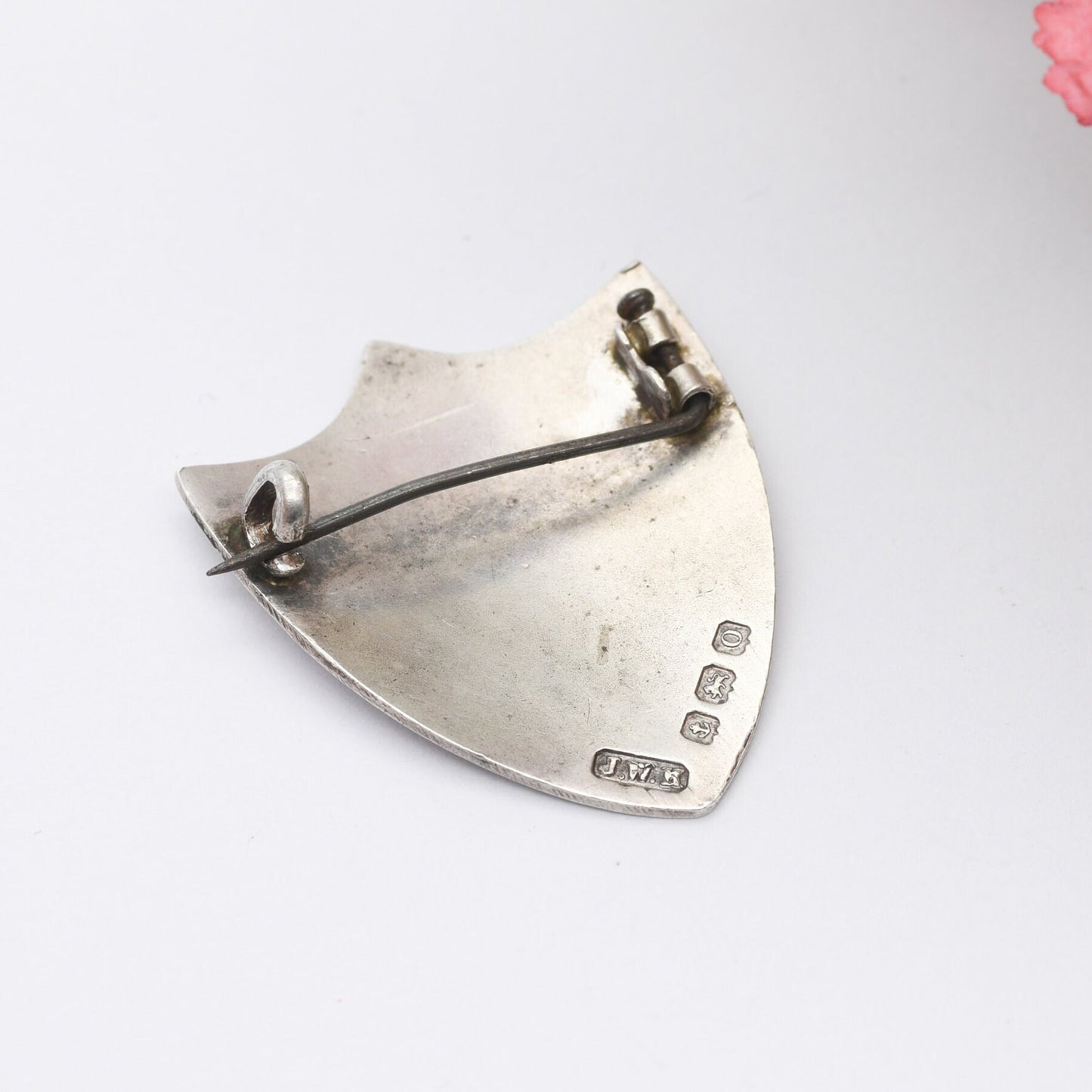 Antique Sterling Silver Shield Brooch MMC 1913 by John William Kirwan - Engraved Plaque Initials