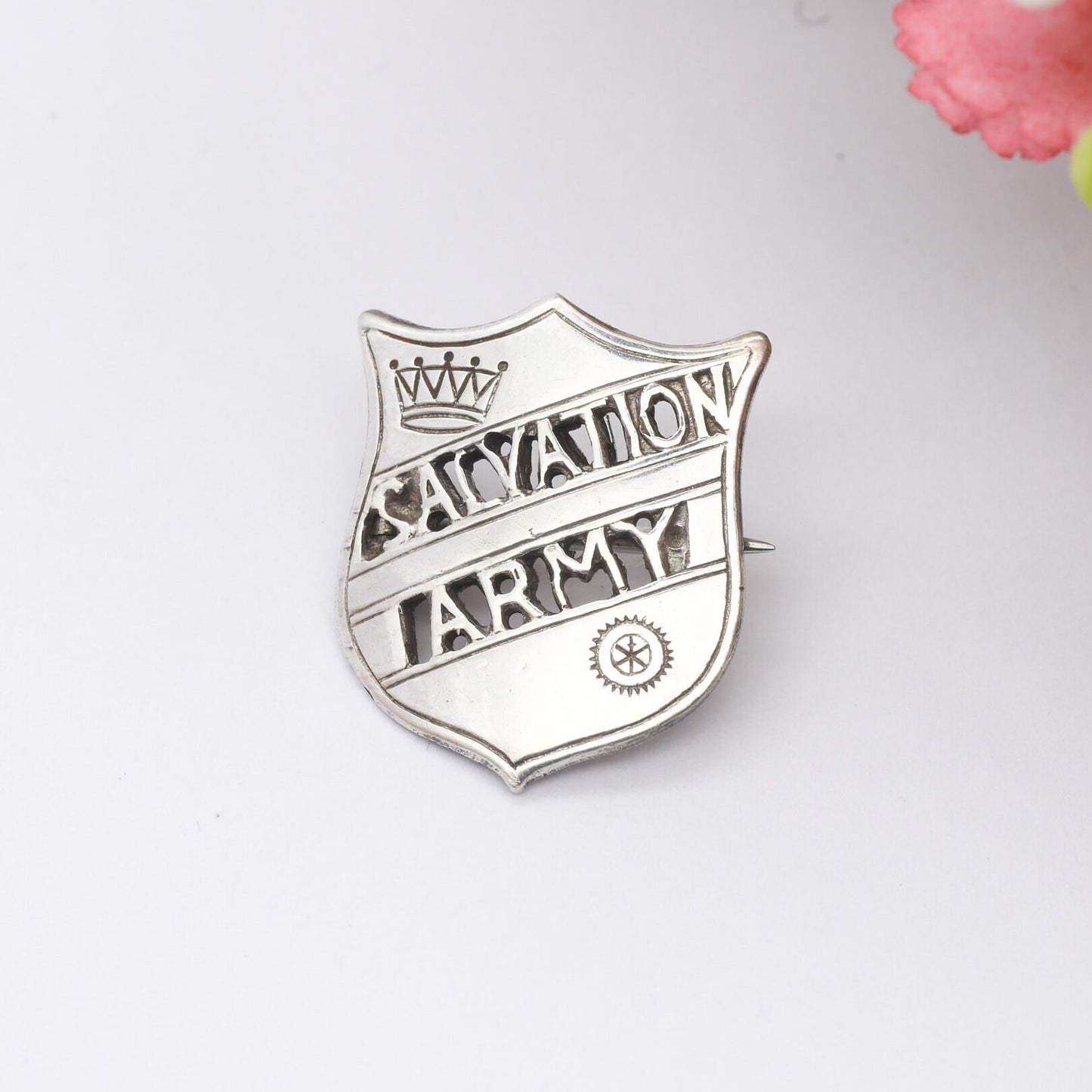 Antique Sterling Silver Salvation Army Brooch - Commemorative Pin Badge | Pierced Words Design