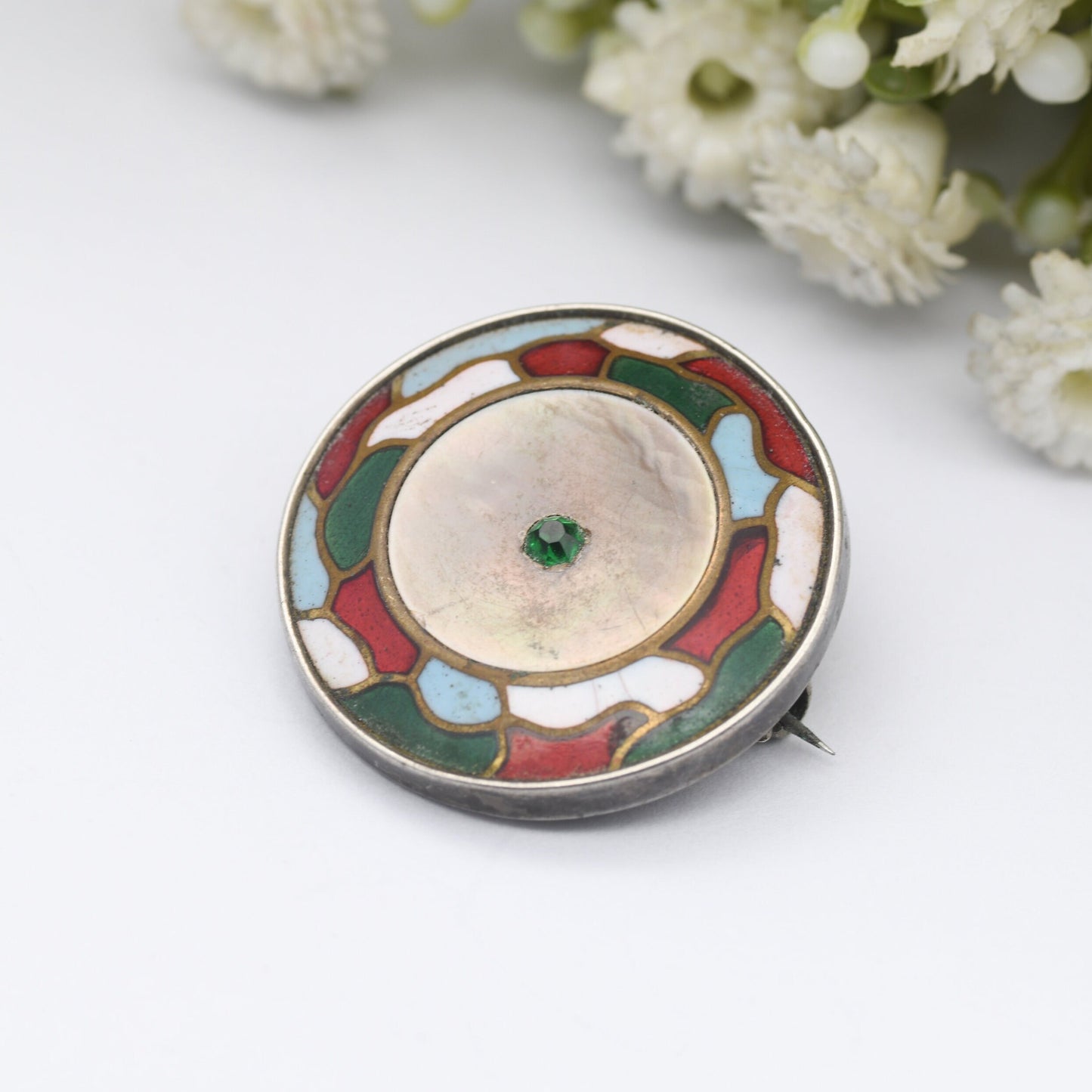 Antique Arts & Crafts Sterling Silver Enamel Mother of Pearl Brooch - Interesting Design | Unusual Vintage Jewellery