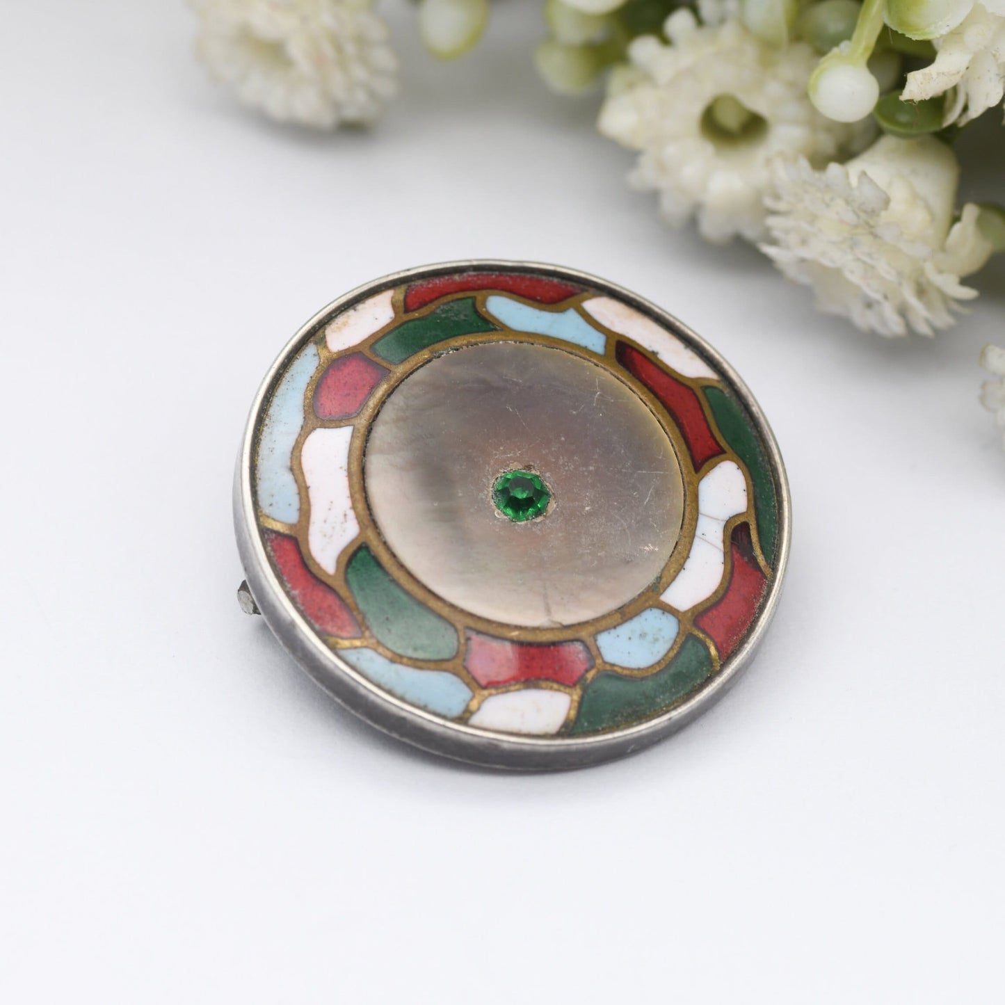 Antique Arts & Crafts Sterling Silver Enamel Mother of Pearl Brooch - Interesting Design | Unusual Vintage Jewellery