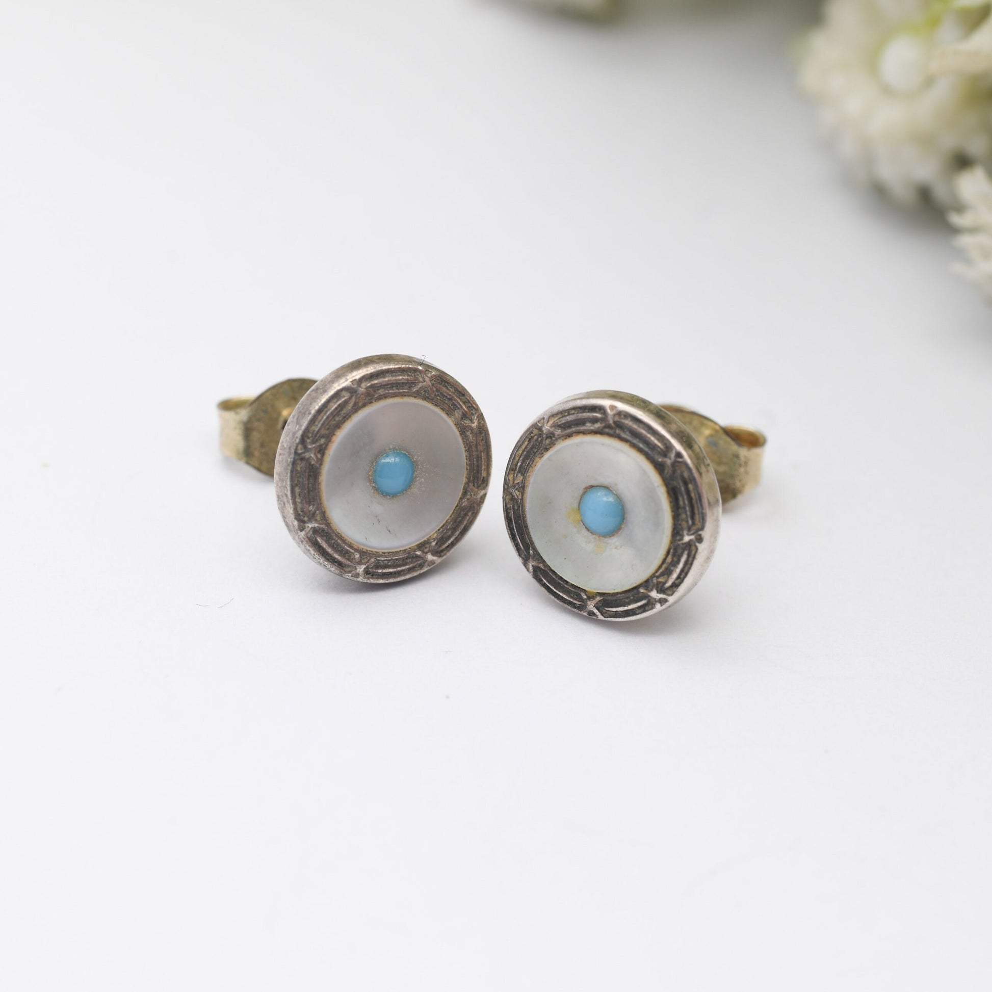 Vintage Silver Mother of Pearl Stud Earrings - Arts and Crafts Style | Kitsch Statement Jewellery