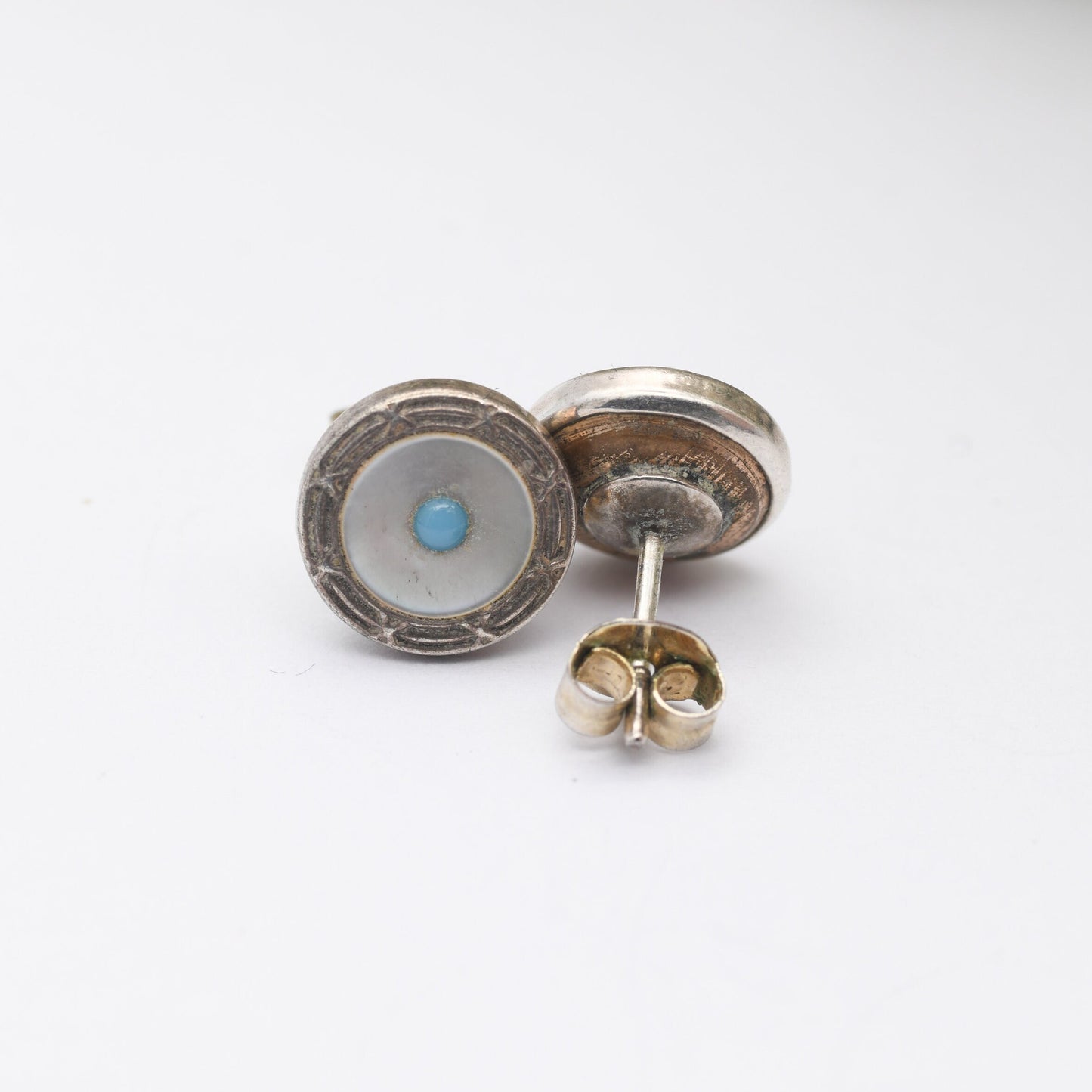 Vintage Silver Mother of Pearl Stud Earrings - Arts and Crafts Style | Kitsch Statement Jewellery