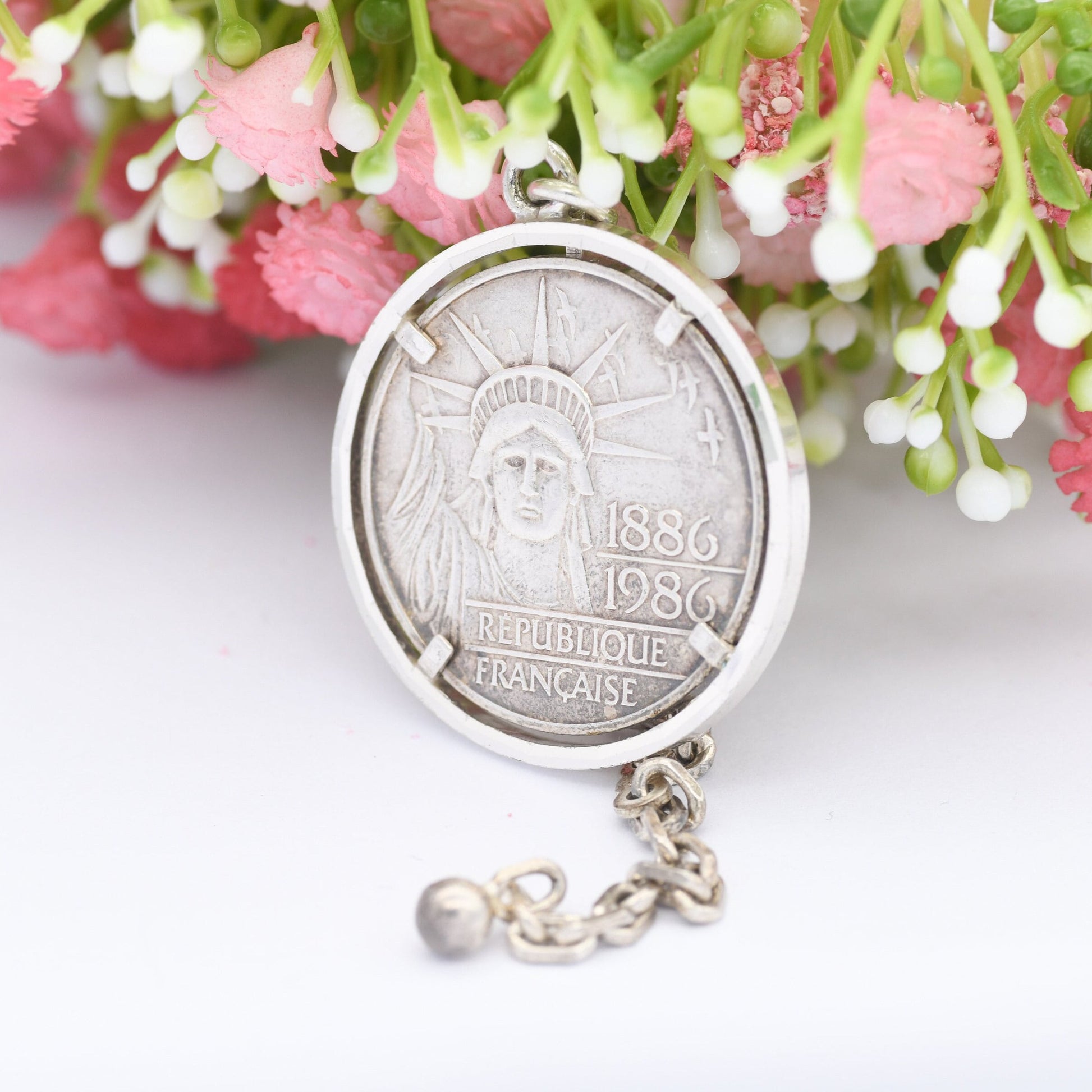 Vintage Silver 100 Francs 1986 French Coin Pendant Fob - 100th Anniversary of Statue of Liberty Coin USA