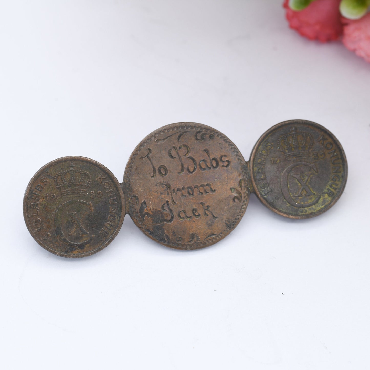 Vintage Love Token Bronze Iceland Coin Brooch with Three Coins Christian X - 1926 1939 1 Eyrir | Hand Engraved To Babs from Jack