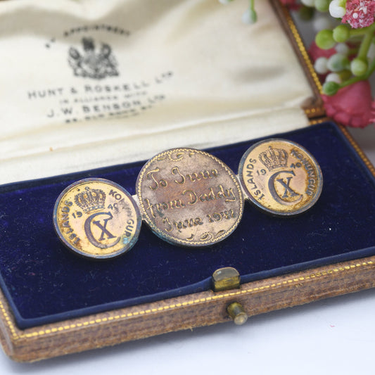 Vintage Love Token Bronze Iceland Coin Brooch with Three Coins Christian X - 1938 1940 1 Eyrir | Hand Engraved To June From Daddy June 1941