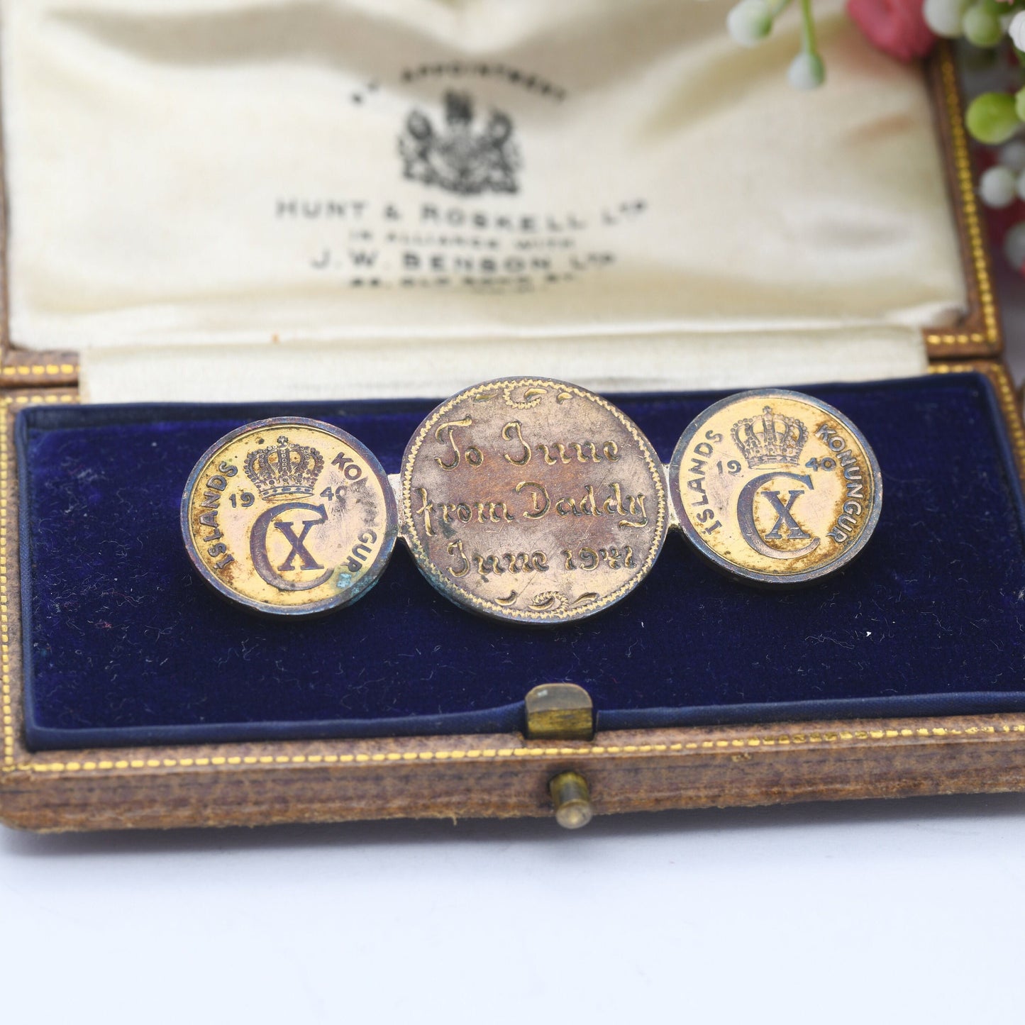 Vintage Love Token Bronze Iceland Coin Brooch with Three Coins Christian X - 1938 1940 1 Eyrir | Hand Engraved To June From Daddy June 1941