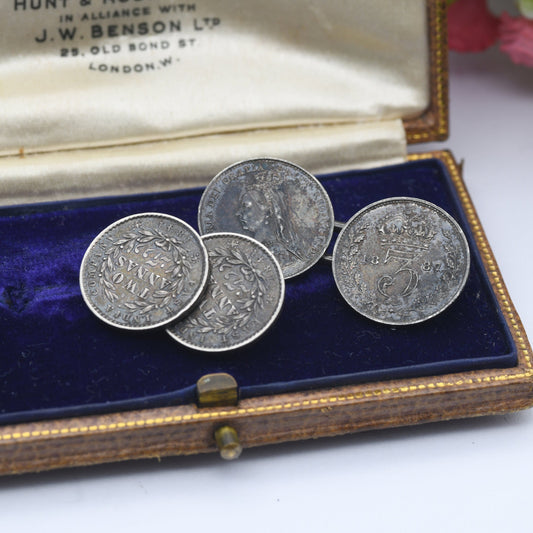 Antique Silver Victoria Coin Cufflinks with Young Head and Old Head - 1841 2 Annas India | 1887 Threepence | Mismatched Pair