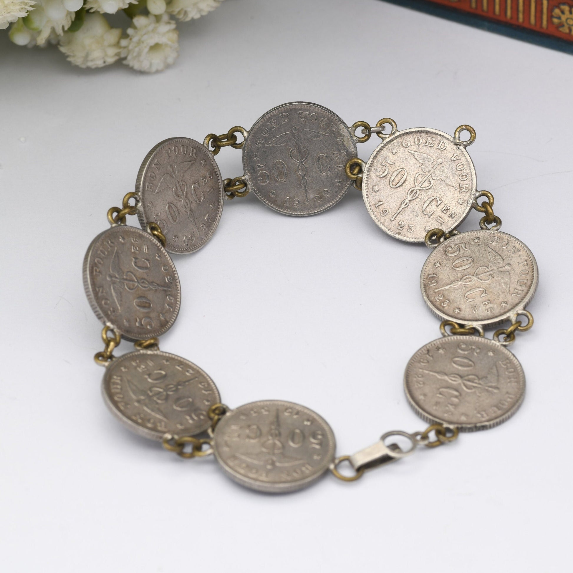 Antique Belgian Coin Bracelet 50 Centimes - 1922 to 1933 | French Text | Dutch Text