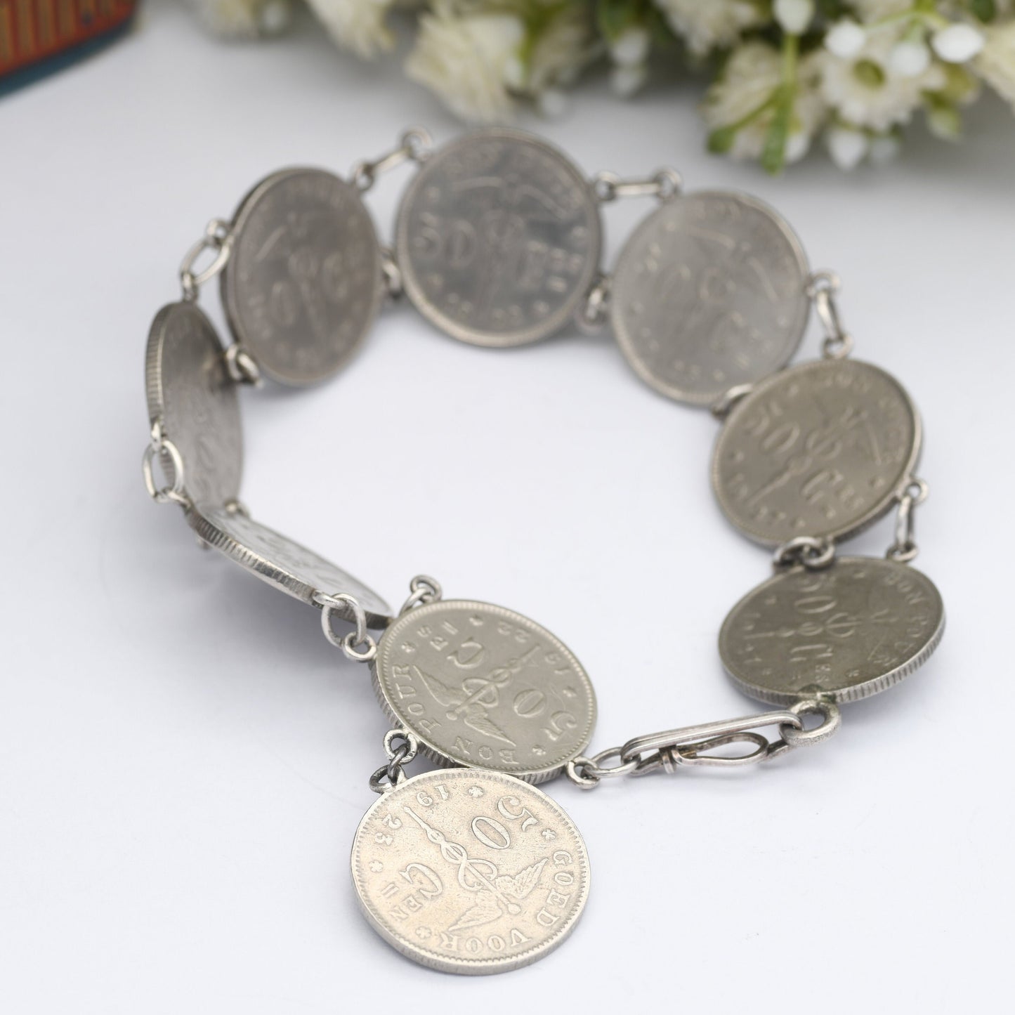 Antique Belgian Coin Bracelet 50 Centimes - 1922 to 1929 | French Text | Dutch Text | Vintage Coin Jewellery