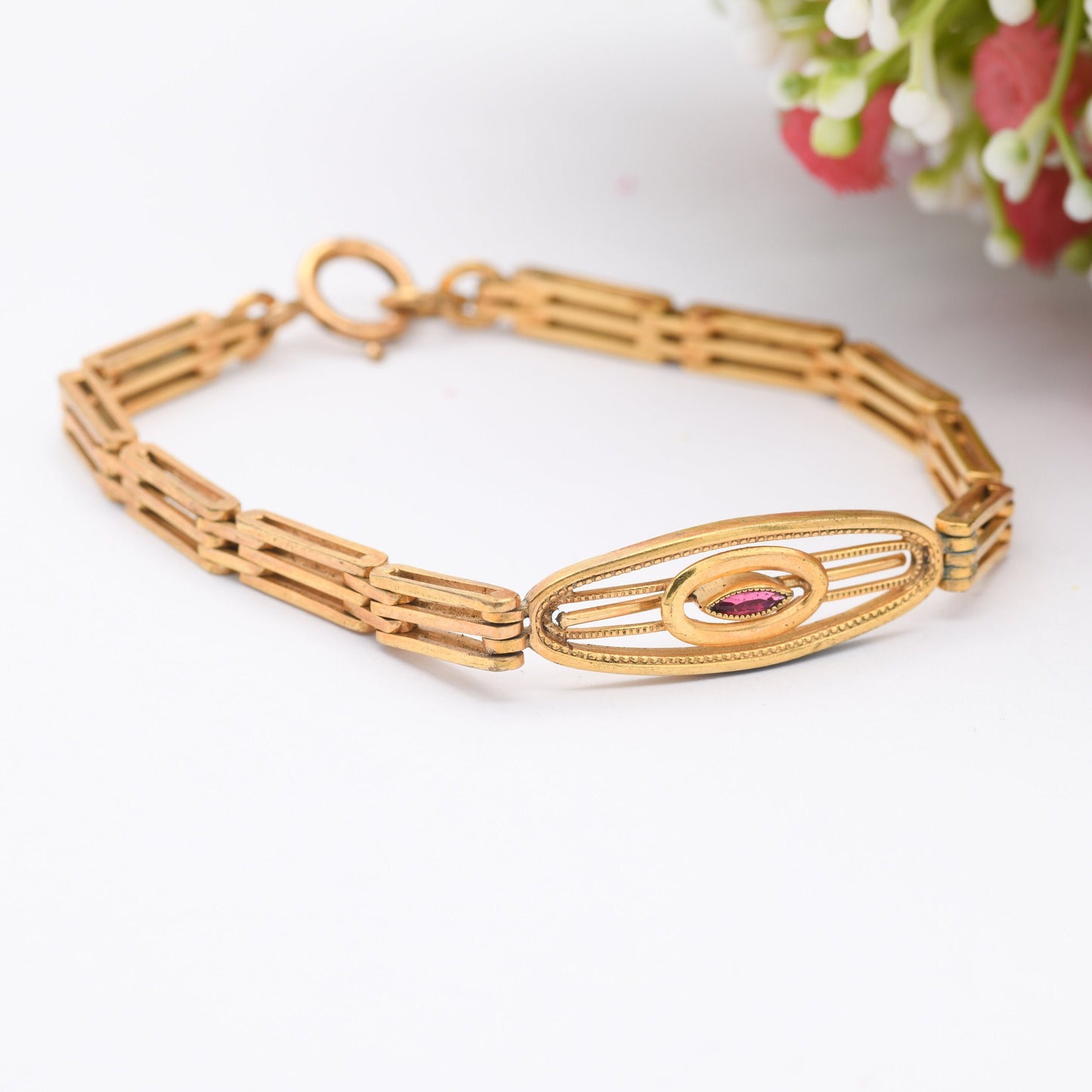 Antique Rolled Gold Gate Link Bracelet with Pink Paste Stone - Edwardian Costume Jewellery | Unusual Chunky Design