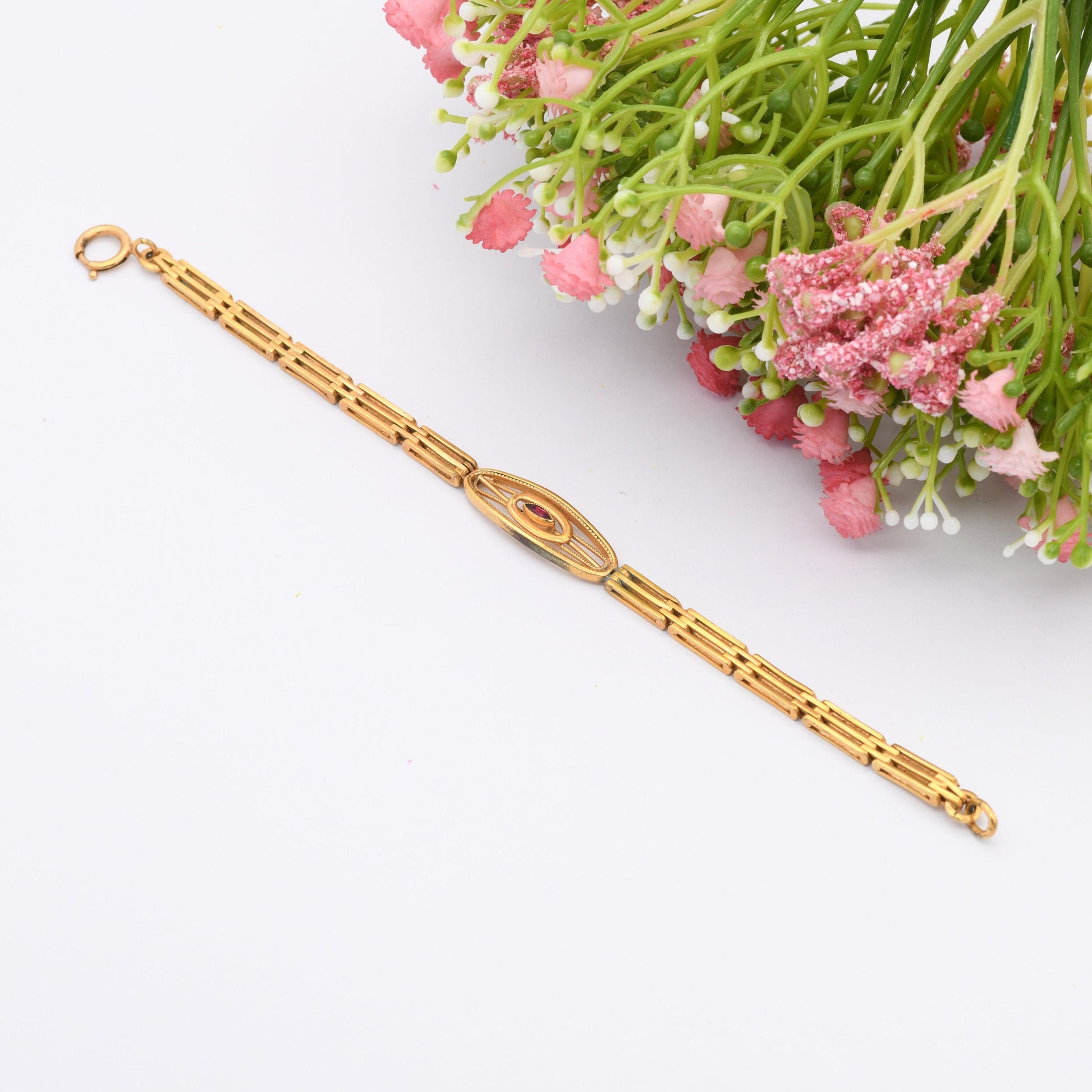 Antique Rolled Gold Gate Link Bracelet with Pink Paste Stone - Edwardian Costume Jewellery | Unusual Chunky Design