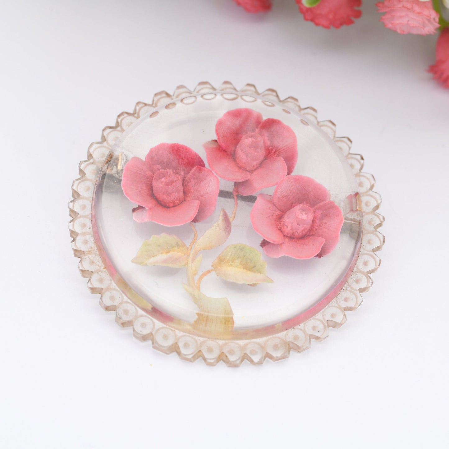 Vintage Lucite Reverse Carved Pink Flower Brooch - Large Chunky Kitsch Brooch | Early Plastic Costume Jewellery