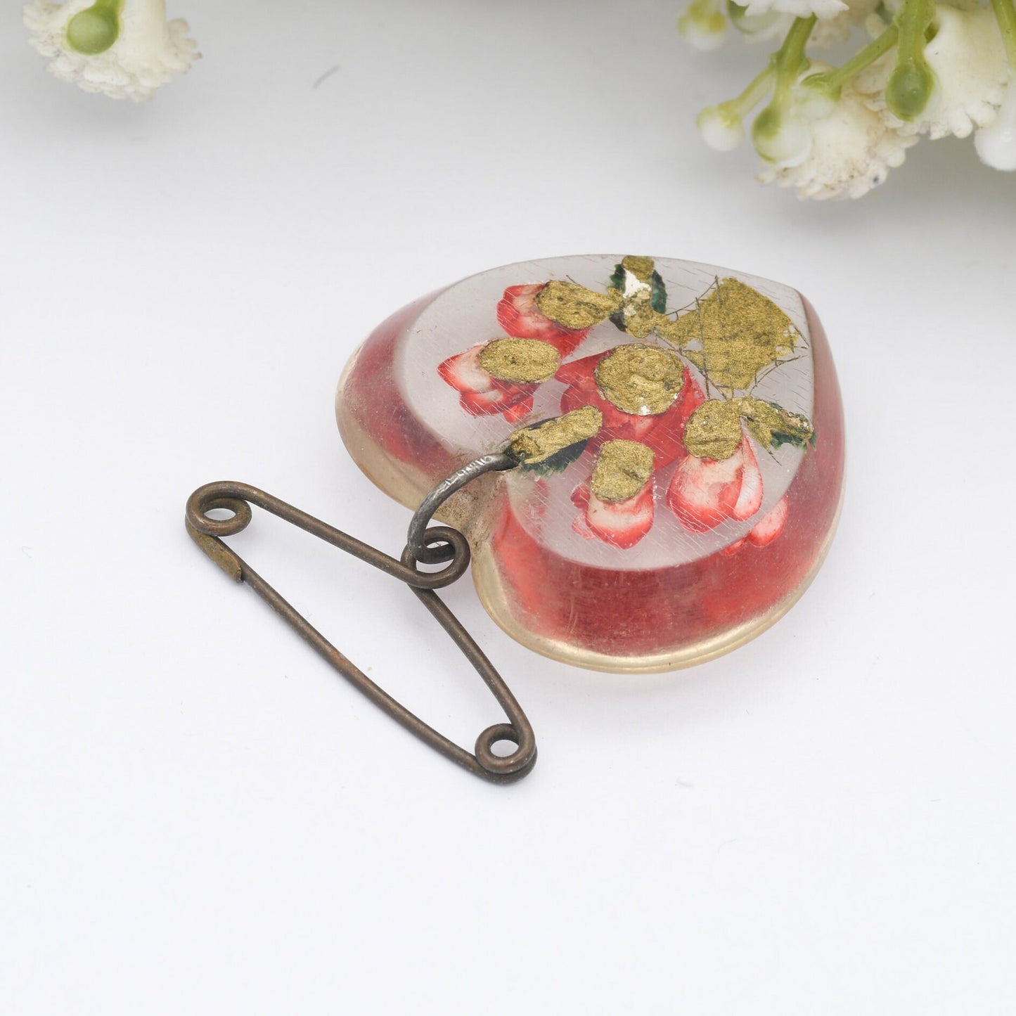 Vintage Lucite Reverse Roses Jardinière Brooch Heart Shaped - Red Roses in a Gold Vase | Hand Painted | Early Plastic Costume Jewellery