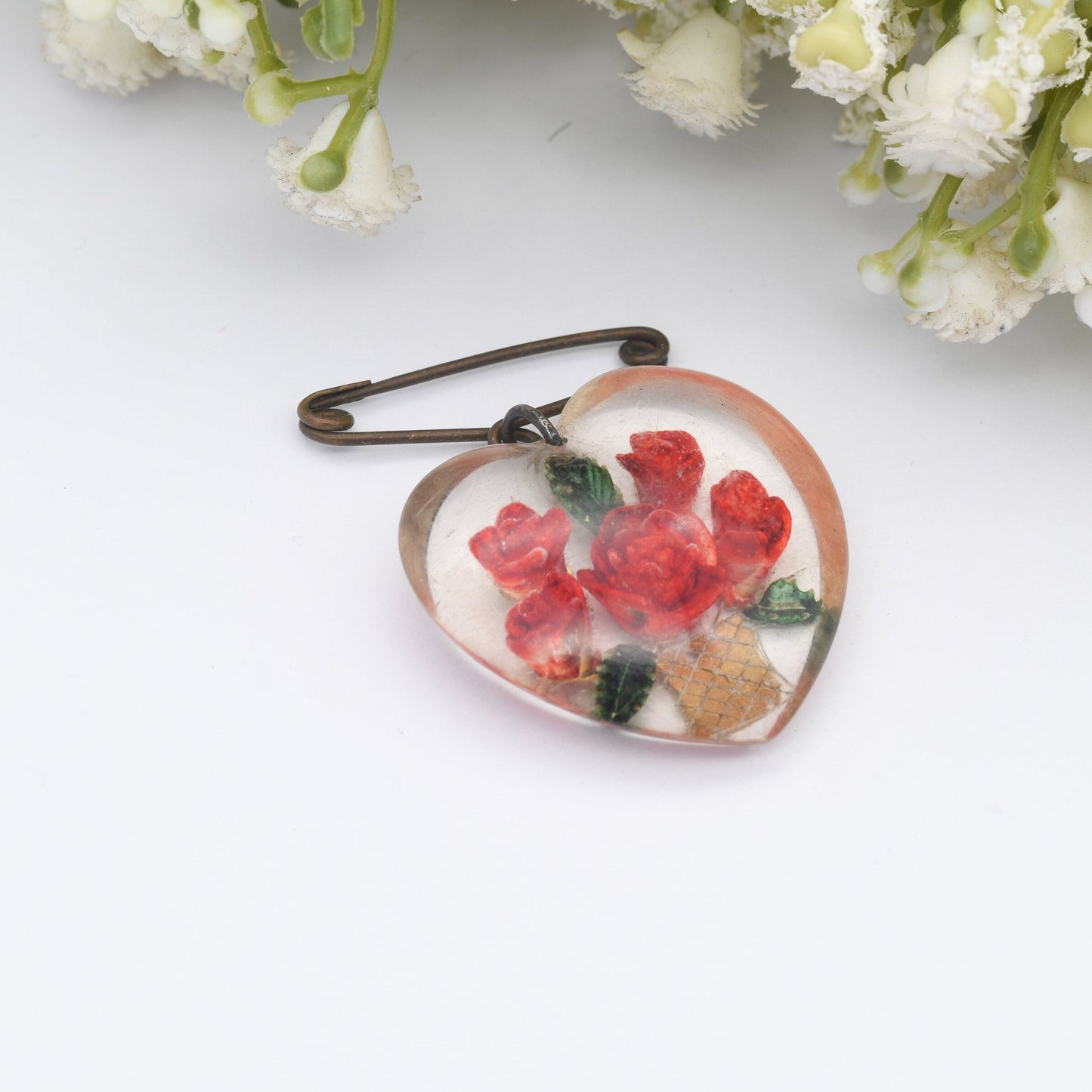 Vintage Lucite Reverse Roses Jardinière Brooch Heart Shaped - Red Roses in a Gold Vase | Hand Painted | Early Plastic Costume Jewellery