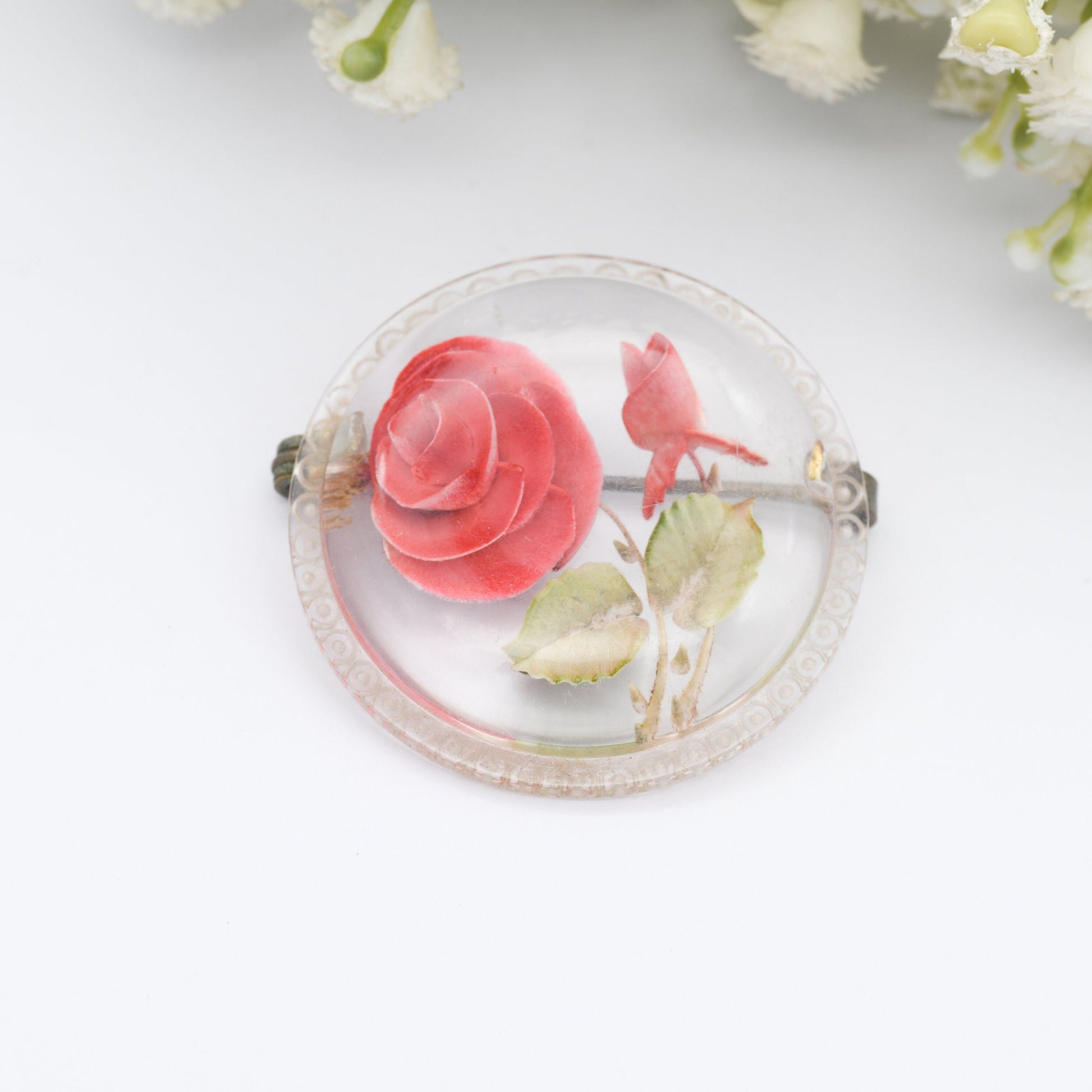 Vintage Lucite Reverse Carved Rose Brooch - Red Flowers | Hand Painted | Early Plastic Costume Jewellery