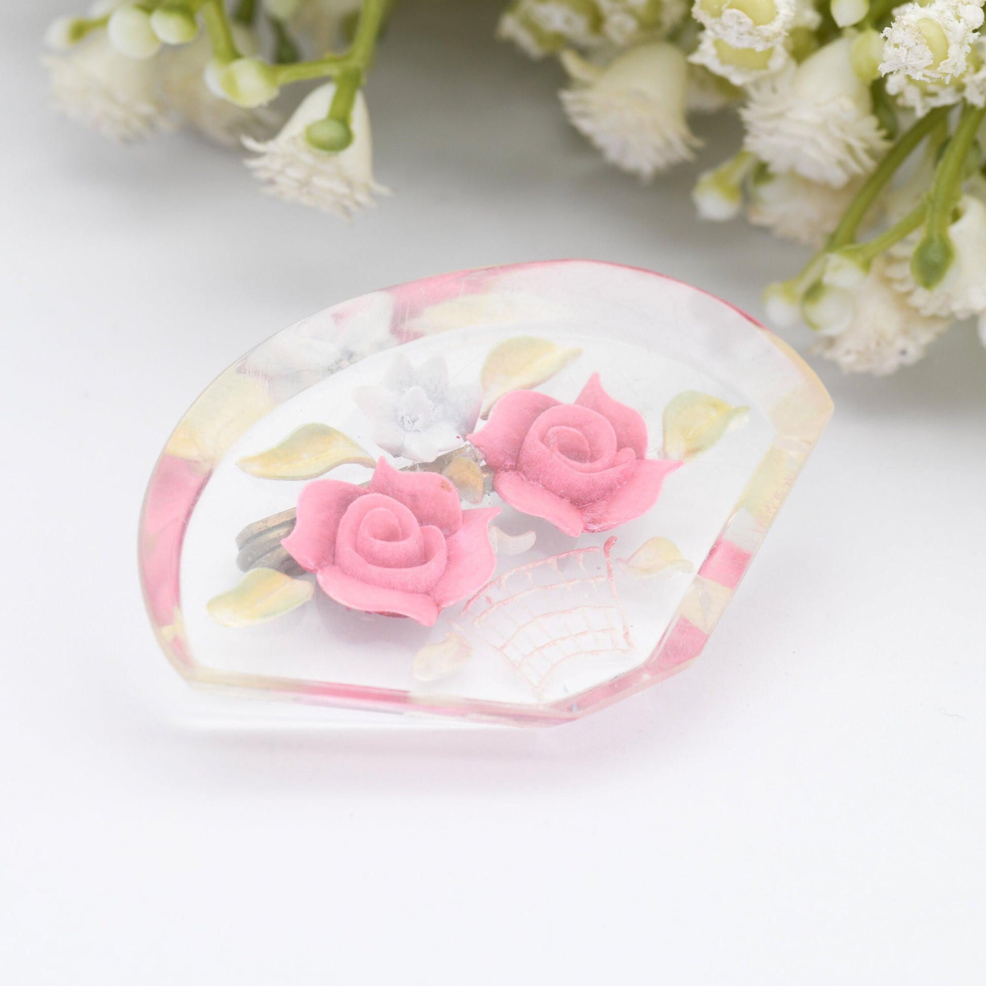 Vintage Lucite Reverse Carved Flower Vase Brooch - Pink Roses | Retro Early Plastic Costume Jewellery