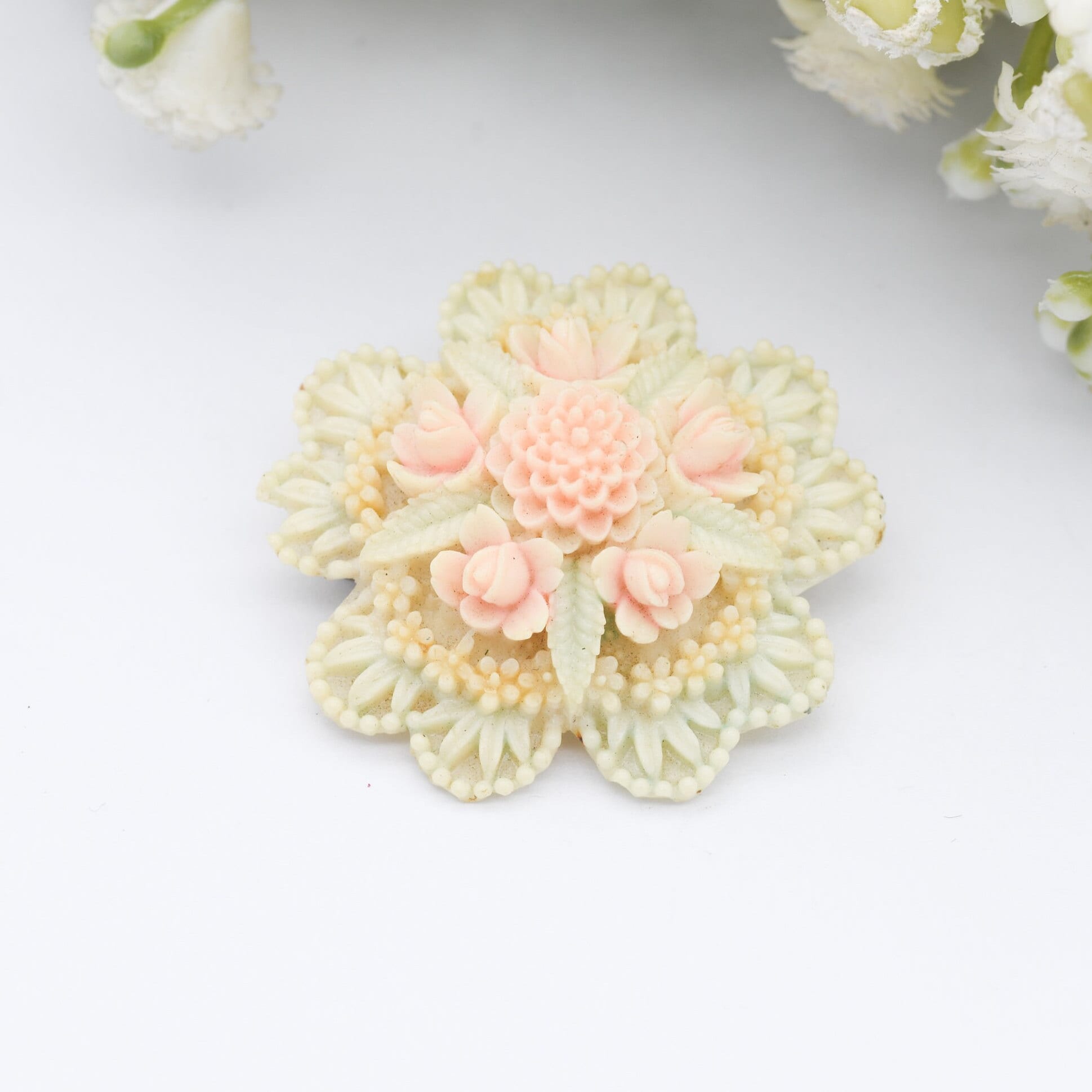 Vintage Early Plastic Flower Brooch - Pink and White Bouquet | Early Plastic Costume Jewellery