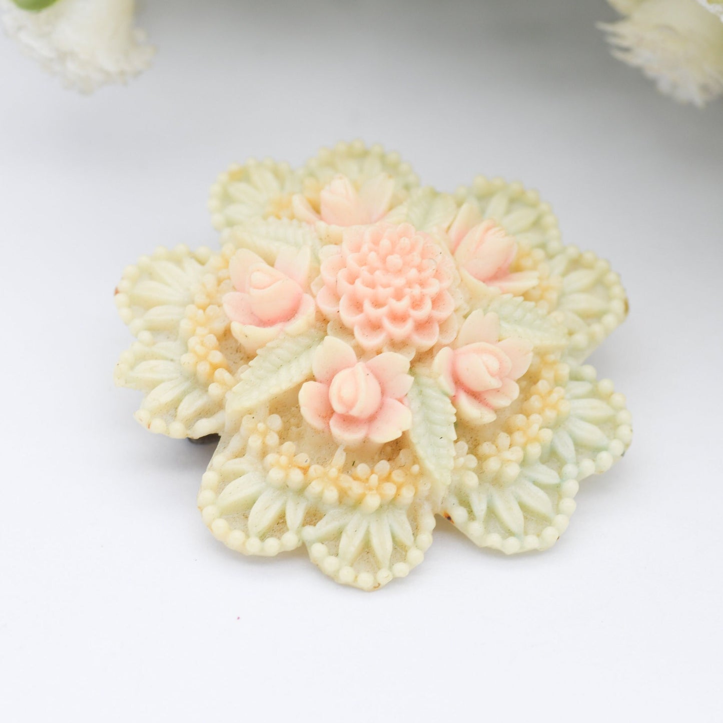 Vintage Early Plastic Flower Brooch - Pink and White Bouquet | Early Plastic Costume Jewellery