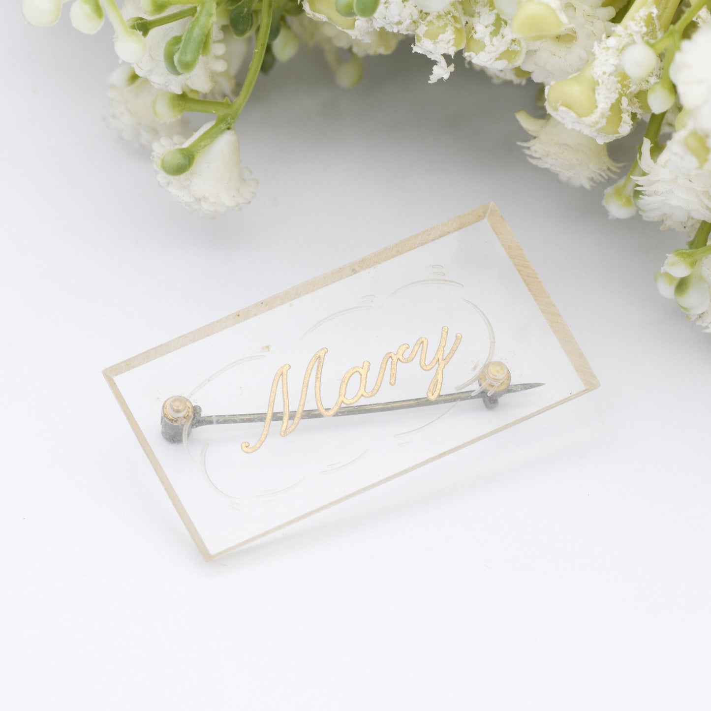 Vintage Lucite Reverse Carved Name Mary Brooch - with Gold Writing | Retro Early Plastic Costume Jewellery