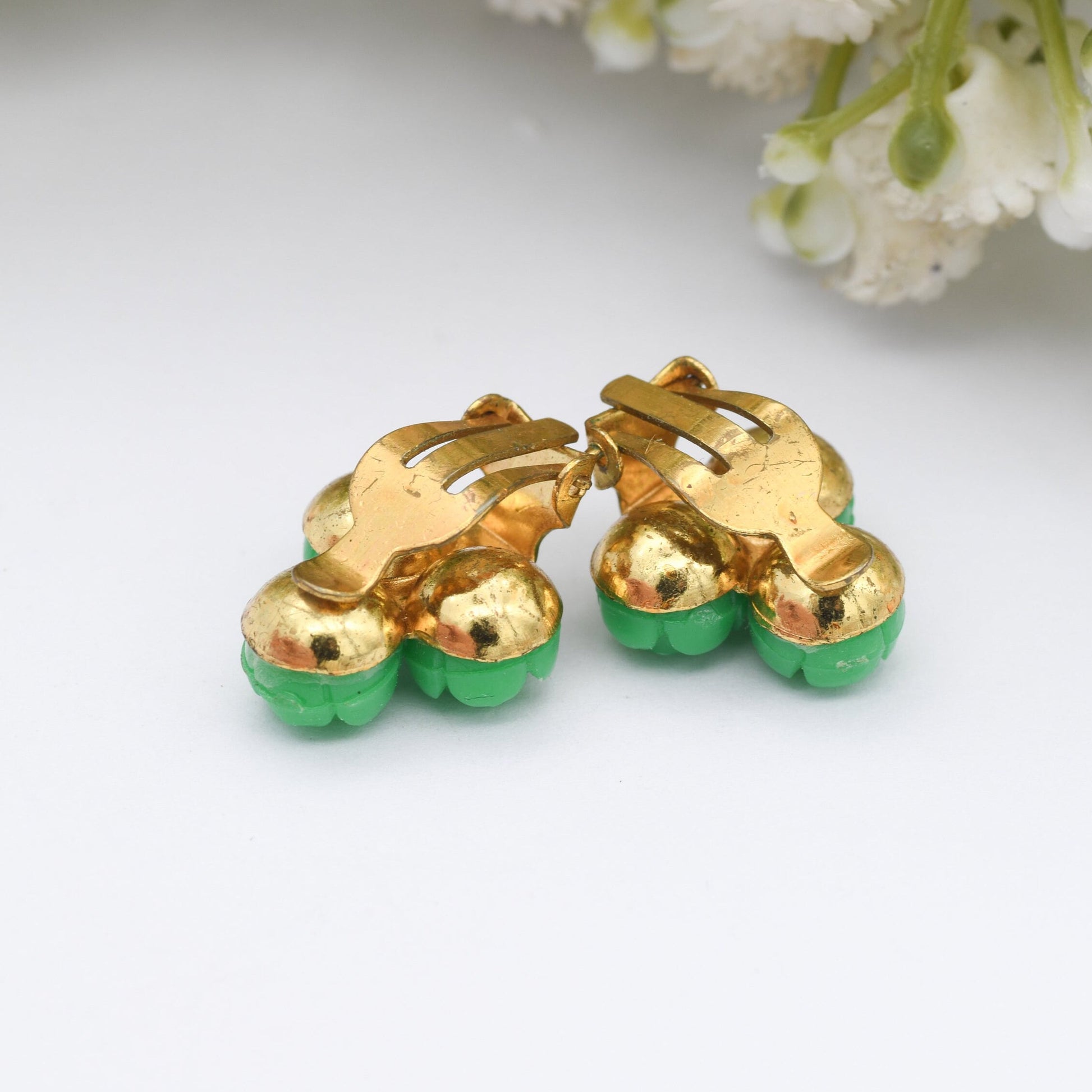 Vintage Celluloid Clip-On Earrings with Green Flowers - 1950s Early Plastic Costume Jewellery