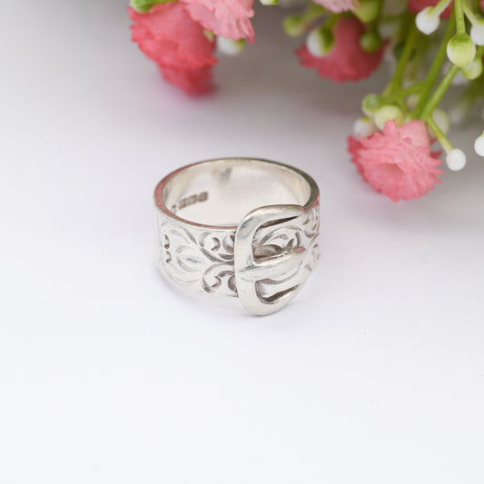 Vintage Sterling Silver Buckle Ring 1976 - Victorian Revival Style | Chunky Unisex Belt Ring | Hand Engraved | UK Size - N 1/2 | US Size - 7