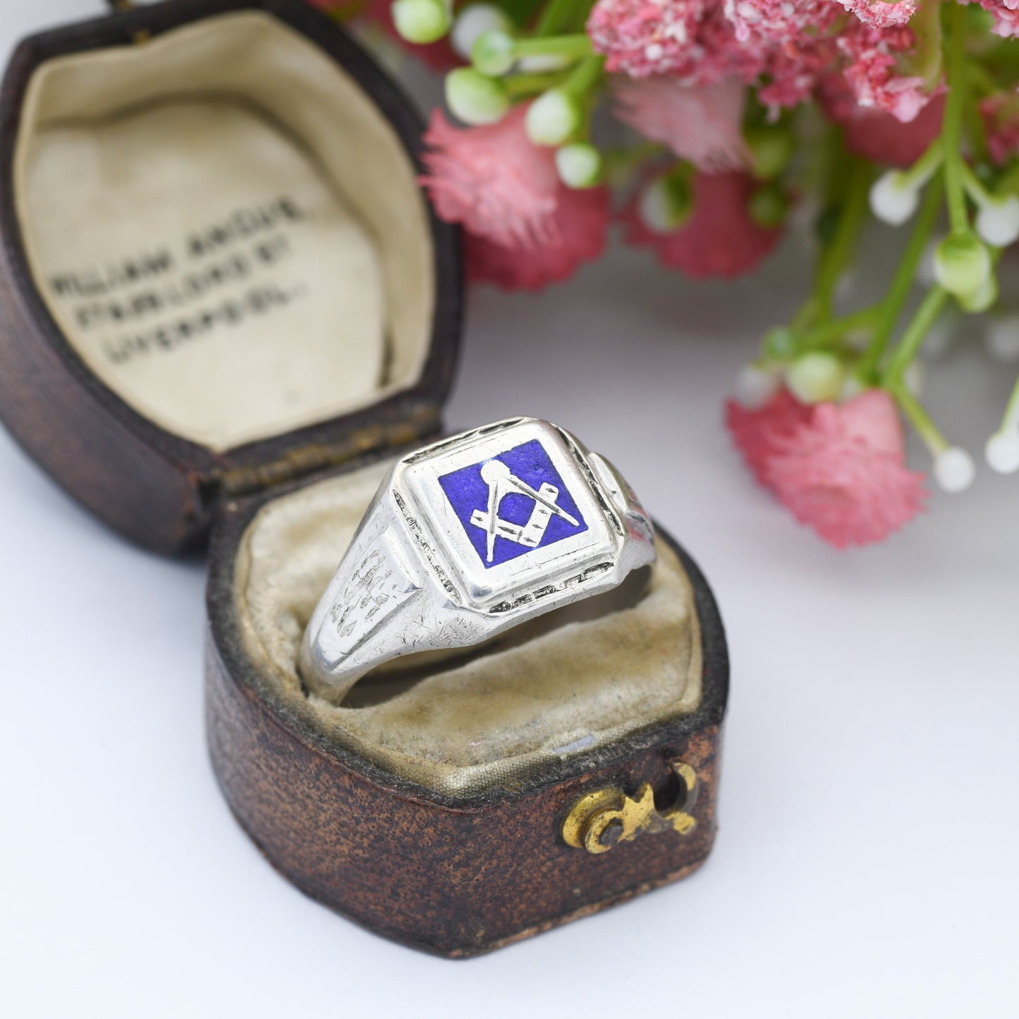 Vintage Masonic Sterling Silver Enamel Ring 1977 - Mid-Century Chunky Signet Ring | Large UK Size V | US Size 10 1/2