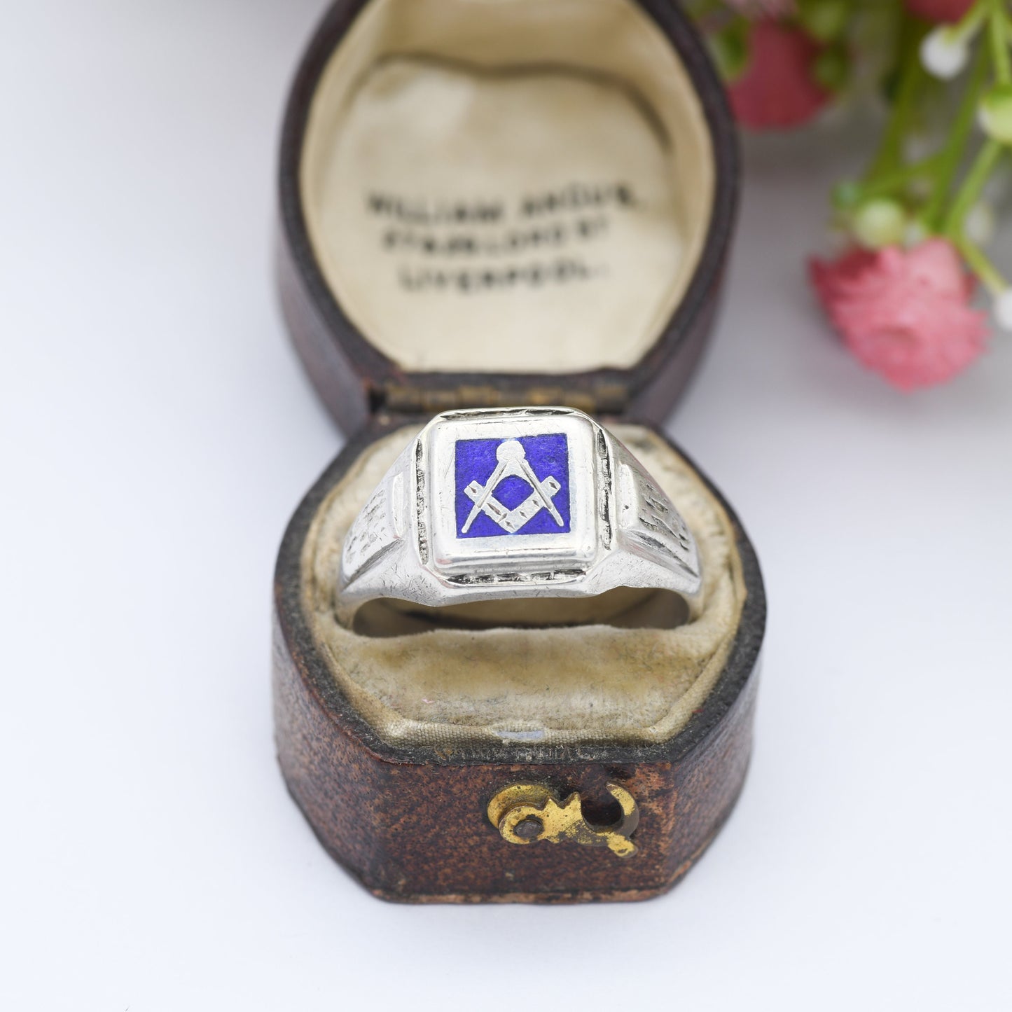 Vintage Masonic Sterling Silver Enamel Ring 1977 - Mid-Century Chunky Signet Ring | Large UK Size V | US Size 10 1/2