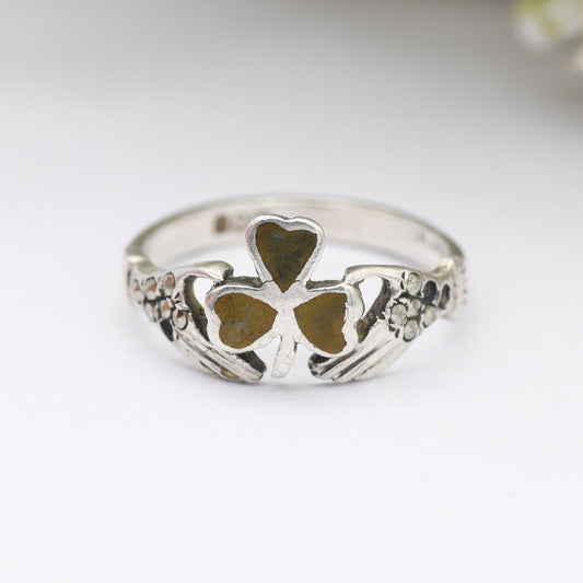 Vintage Sterling Silver Clover Claddagh Ring 1983 with Connemara Marble - Dublin Ireland | Hands Heart Ring | UK Size - P | US - 7 3/4