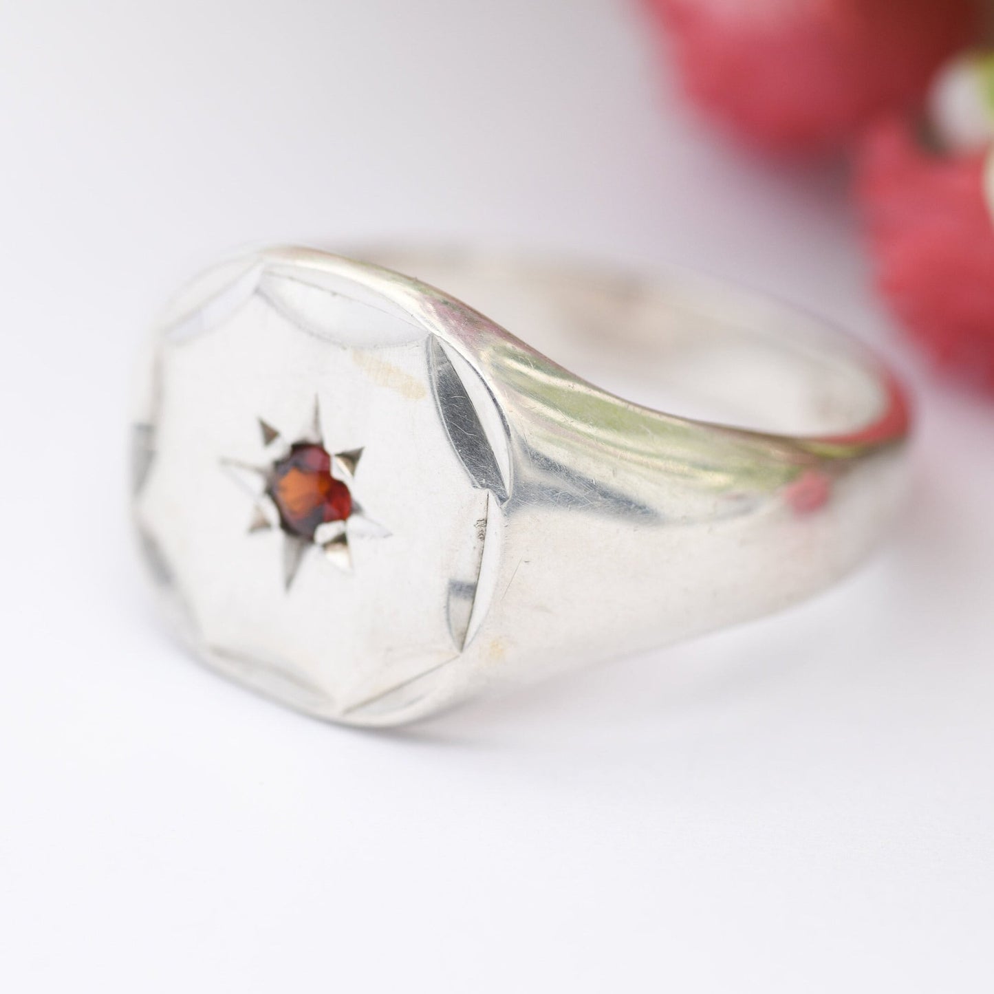 Vintage Sterling Silver Garnet Signet Ring 1982 - Midland Jewellers | Chunky Men's Ring | Star Set Stone | UK Size - W | US Size - 11