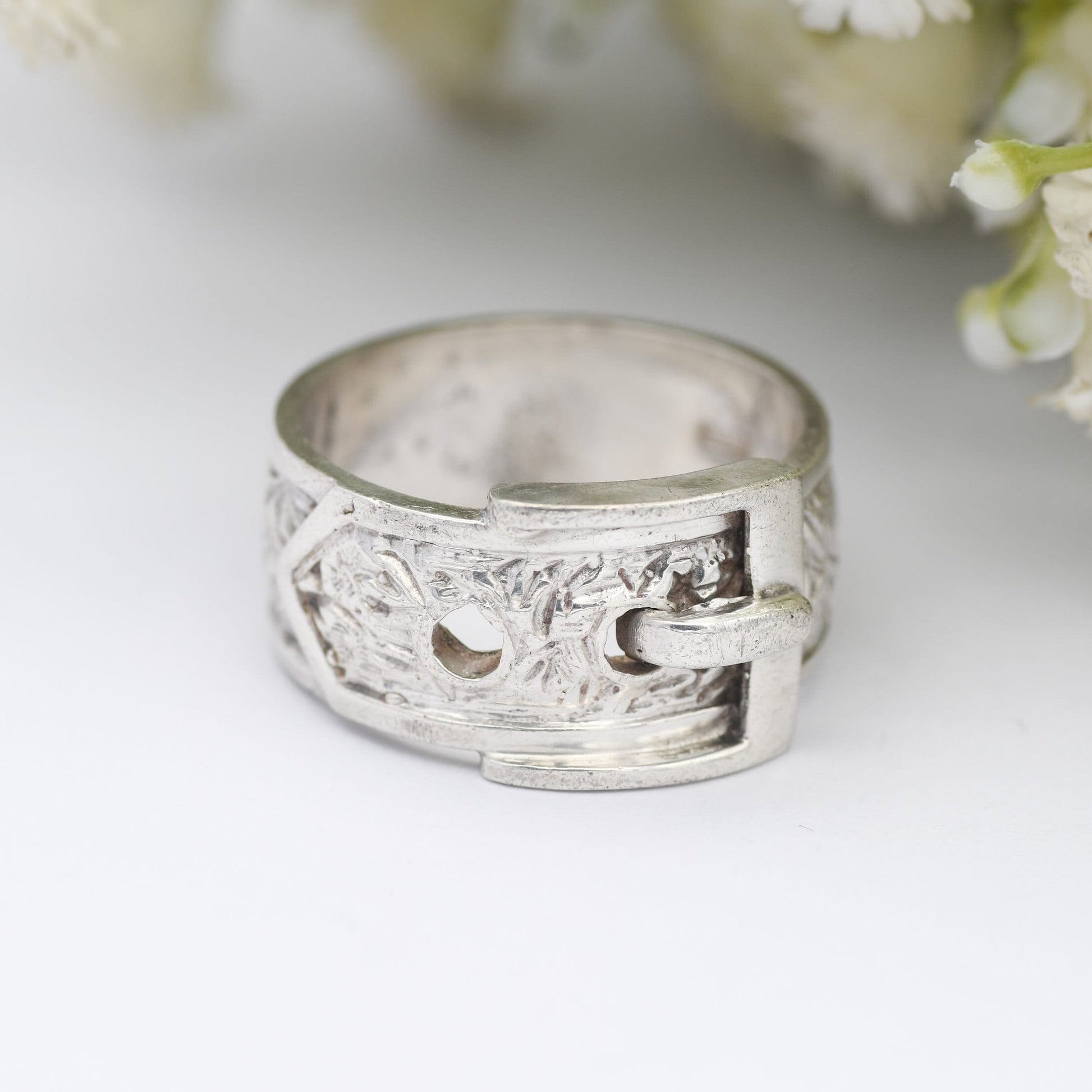 Vintage Sterling Silver Buckle Ring 1975 - Mid-Century Victoriana | Unisex Large Belt Ring Ornate Band | UK Size - U 1/2 | US Size - 10 1/4