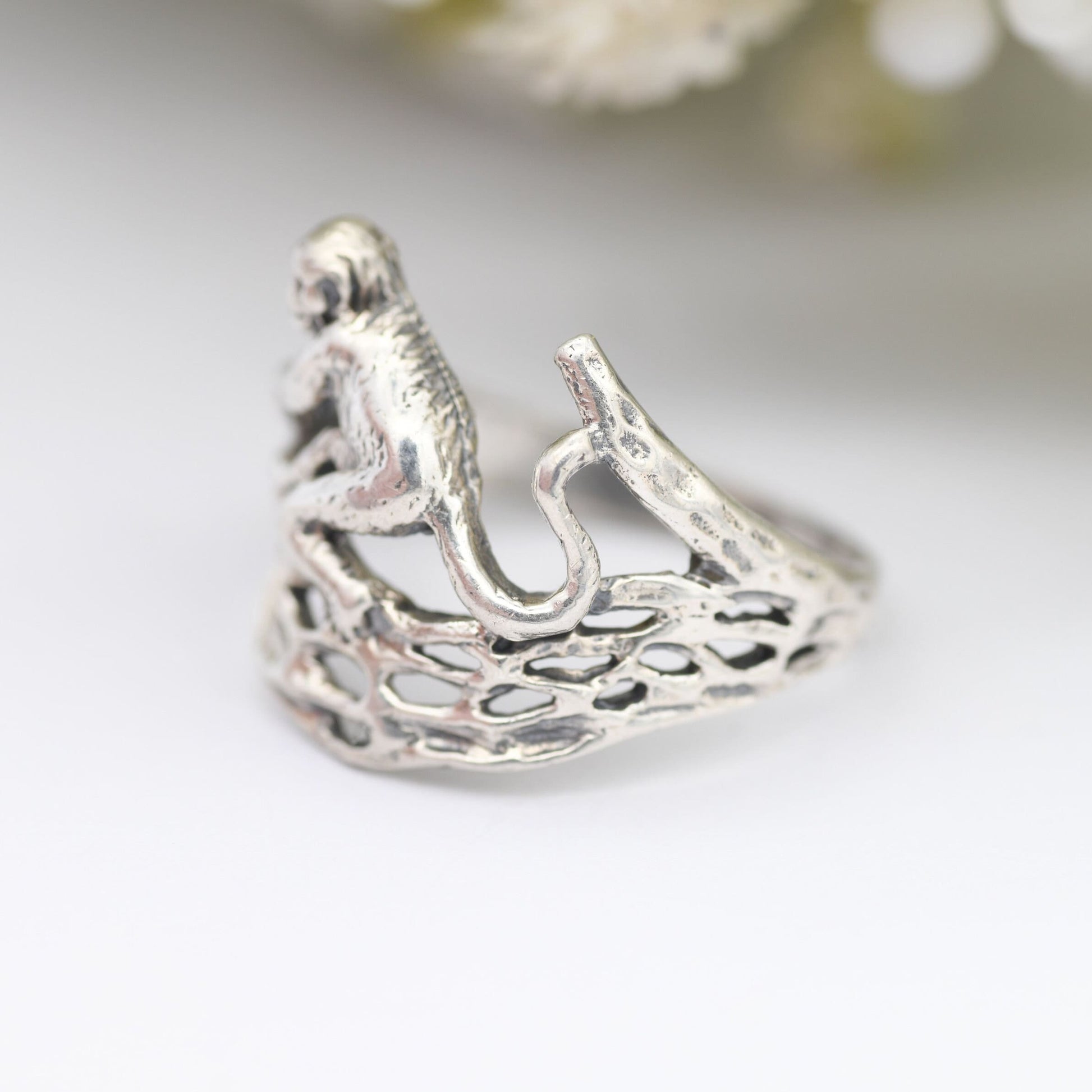 Vintage Sterling Silver Monkey Ring - Openwork Monkey on a Branch | Novelty Animal Jewellery | Nature Gift | UK Size - L | US Size - 5 3/4