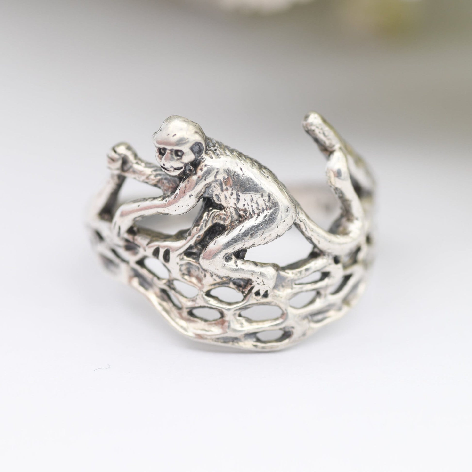 Vintage Sterling Silver Monkey Ring - Openwork Monkey on a Branch | Novelty Animal Jewellery | Nature Gift | UK Size - L | US Size - 5 3/4