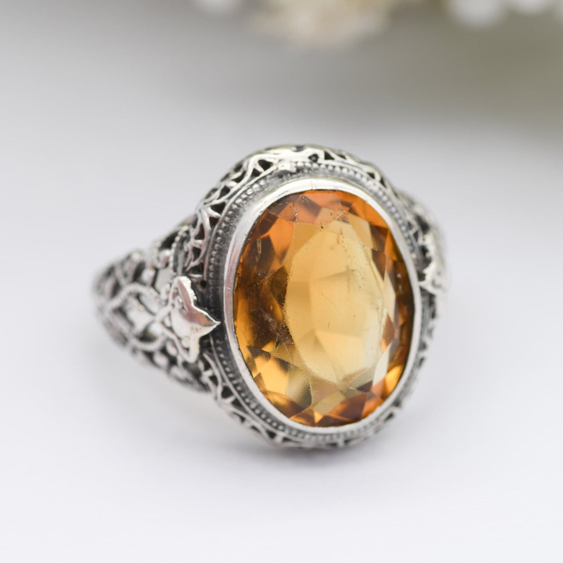 Antique Sterling Silver Citrine Ring - Ornate Openwork Band | Chunky Yellow Quartz | UK Size - P | US Size - 7 1/2