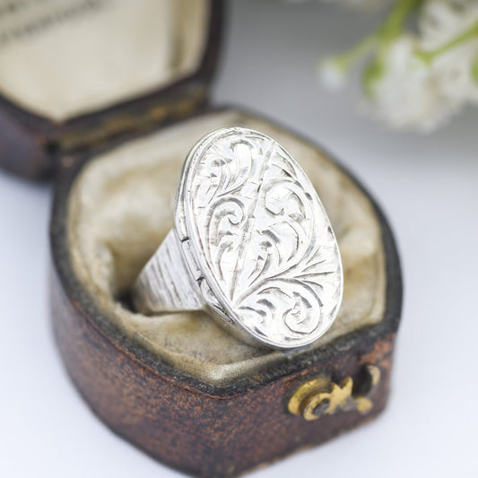 Vintage Sterling Silver Locket Ring Poison Ring - Hand Engraved Ornate Scrolling Design | UK Size L | US Size 5 3/4