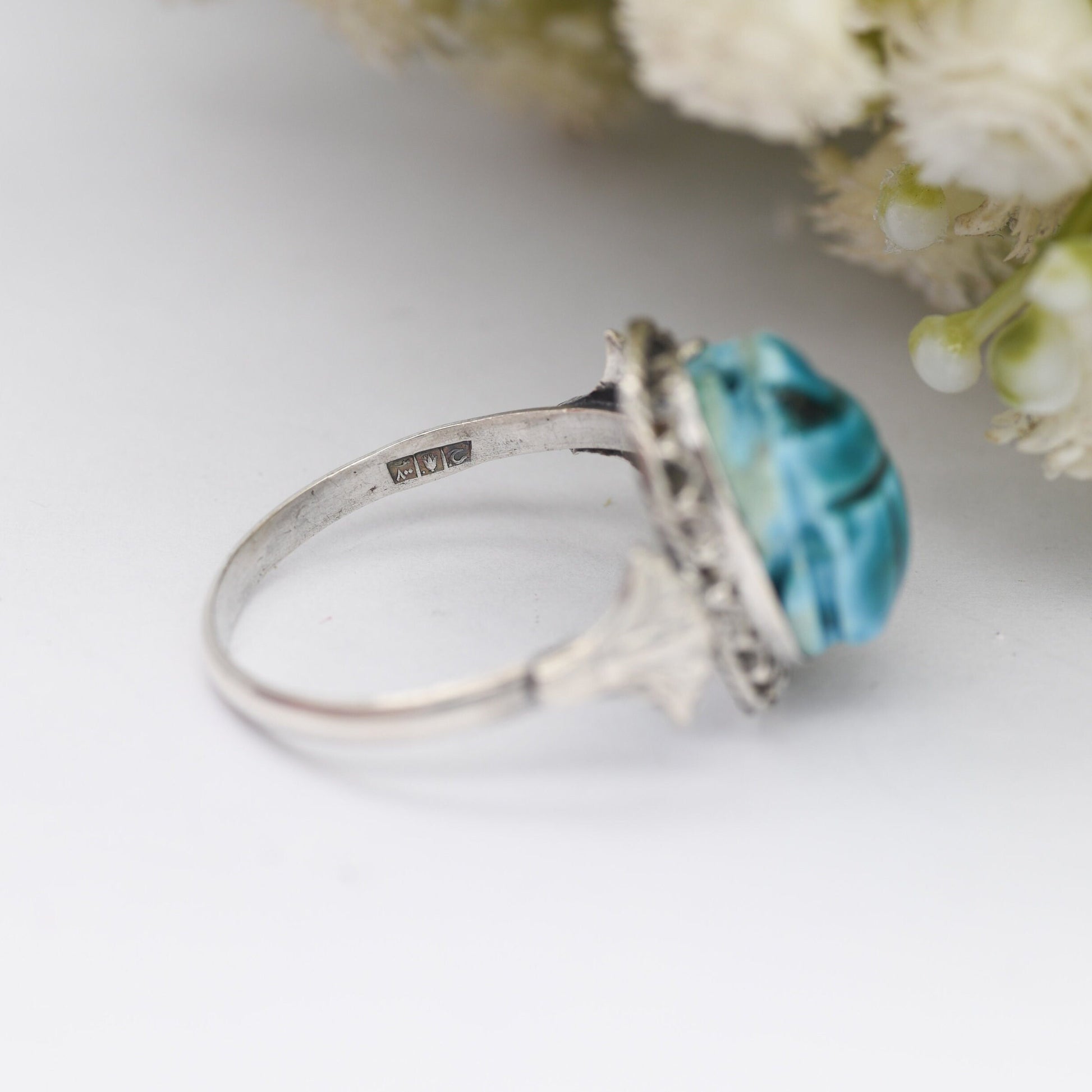 Vintage Egyptian Silver Scarab Ring 1996 - Lotus Shoulders | Glazed Ceramic Faience Beetle | UK Size - V | US Size - 10 1/2