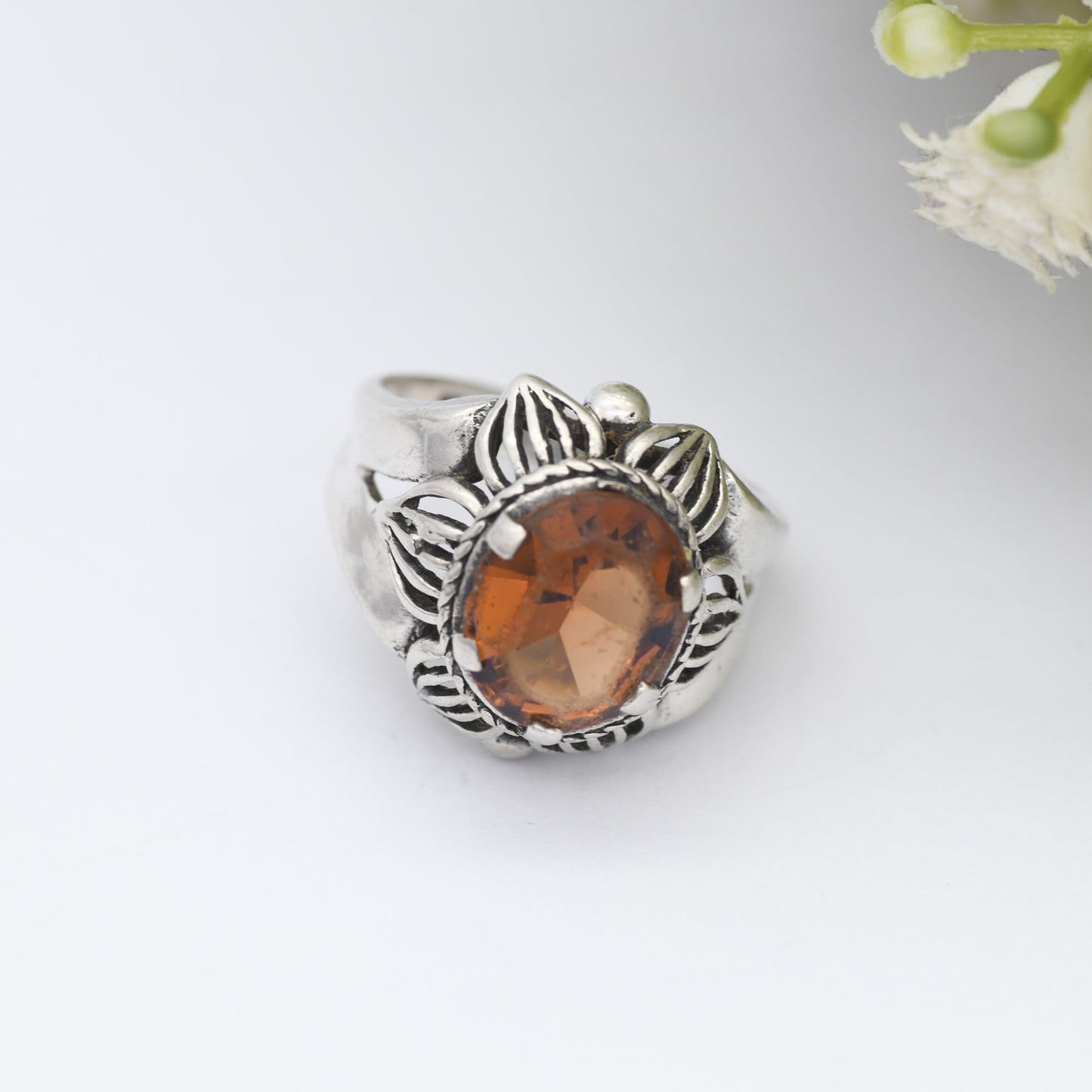 Vintage Sterling Silver Orange Paste Flower Ring - Chunky Mid-Century | UK Size - P 1/2 | US Size - 8