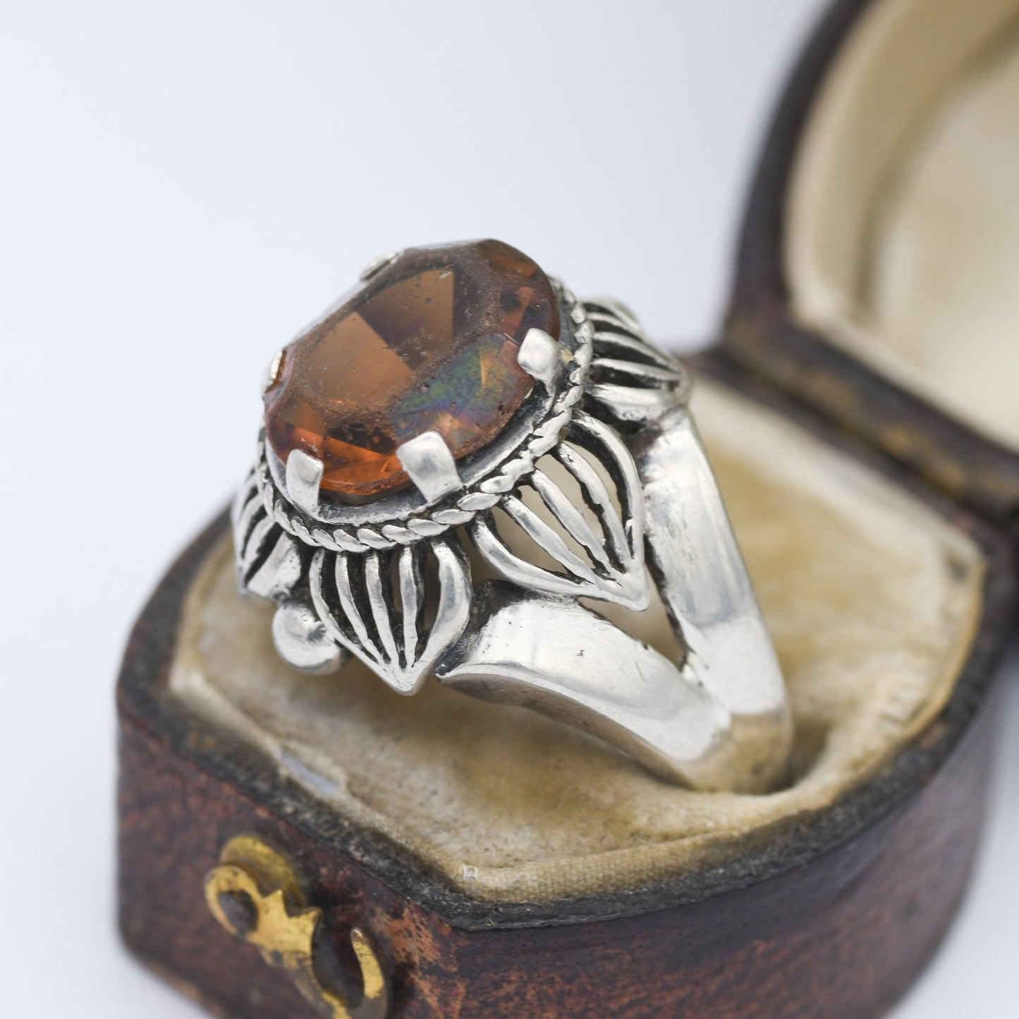 Vintage Sterling Silver Orange Paste Flower Ring - Chunky Mid-Century | UK Size - P 1/2 | US Size - 8