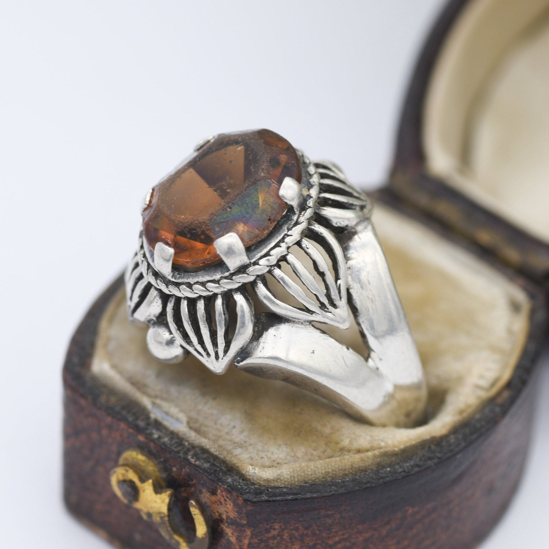 Vintage Sterling Silver Orange Paste Flower Ring - Chunky Mid-Century | UK Size - P 1/2 | US Size - 8