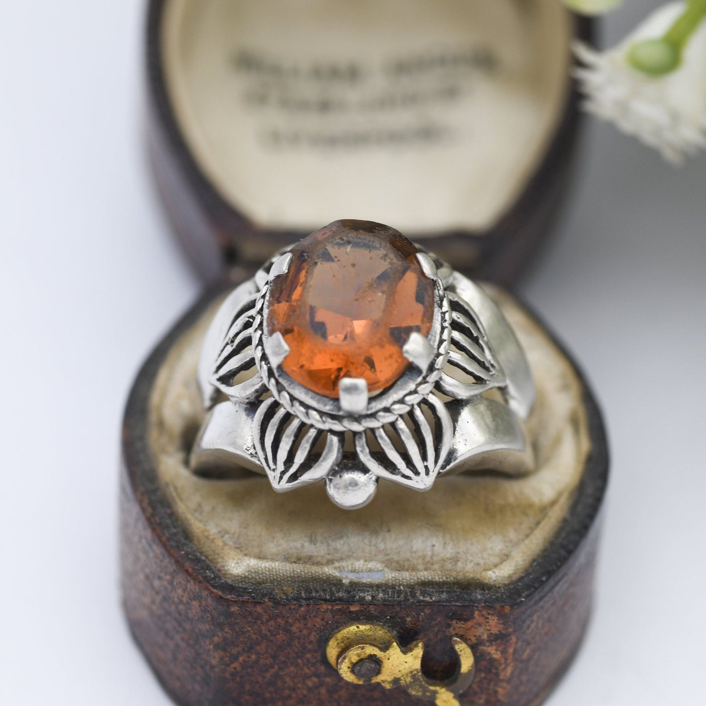 Vintage Sterling Silver Orange Paste Flower Ring - Chunky Mid-Century | UK Size - P 1/2 | US Size - 8