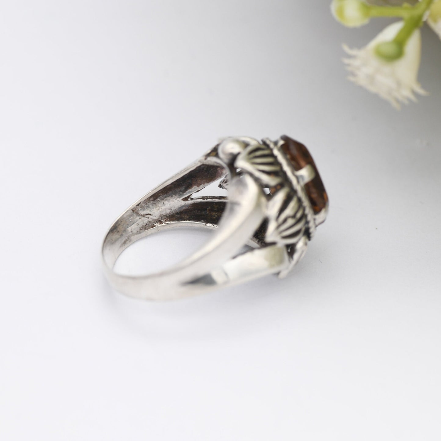 Vintage Sterling Silver Orange Paste Flower Ring - Chunky Mid-Century | UK Size - P 1/2 | US Size - 8