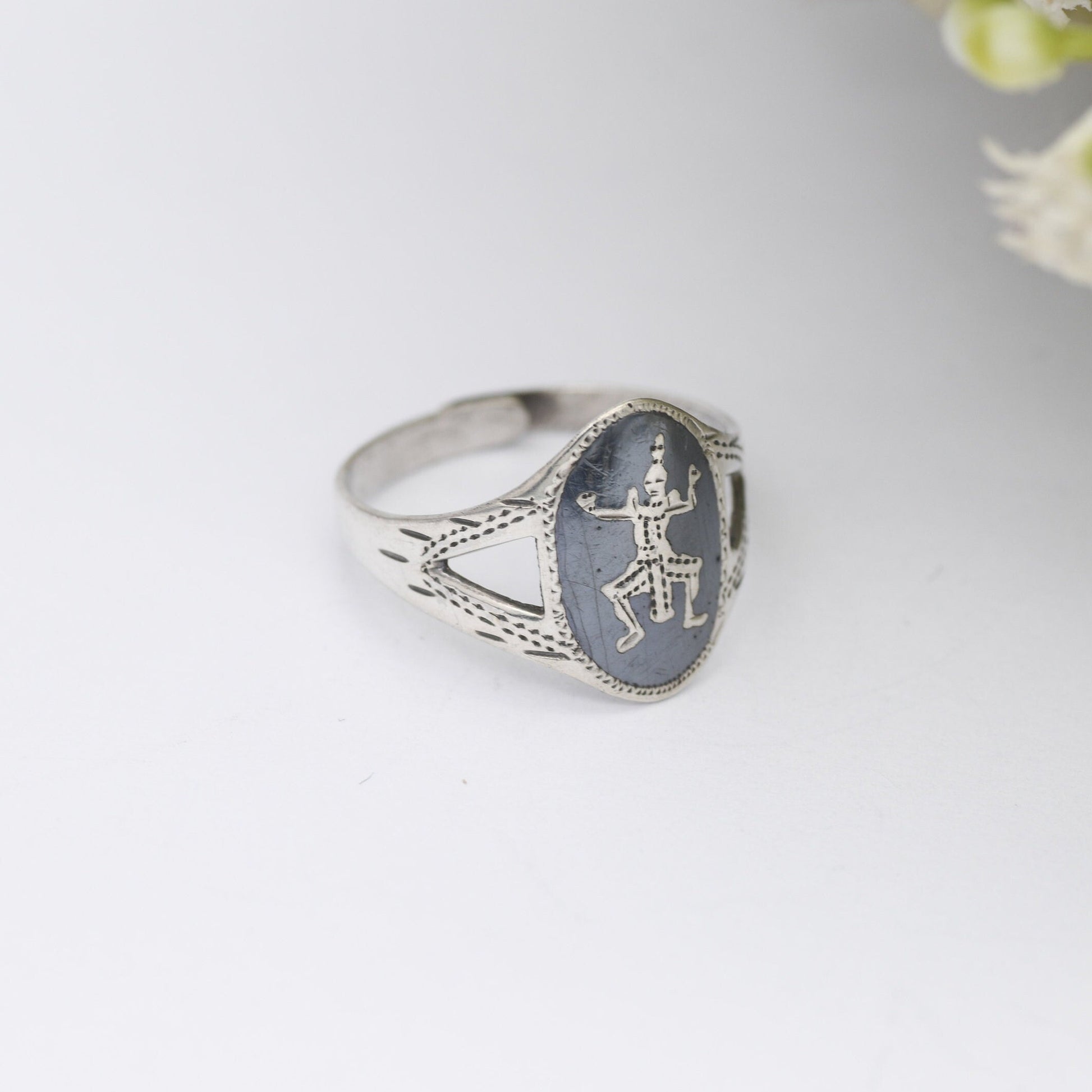 Vintage Silver Niello Siam Ring DPG - Thailand God Jewellery | Adjustable Band | UK Size - O |US Size - 7