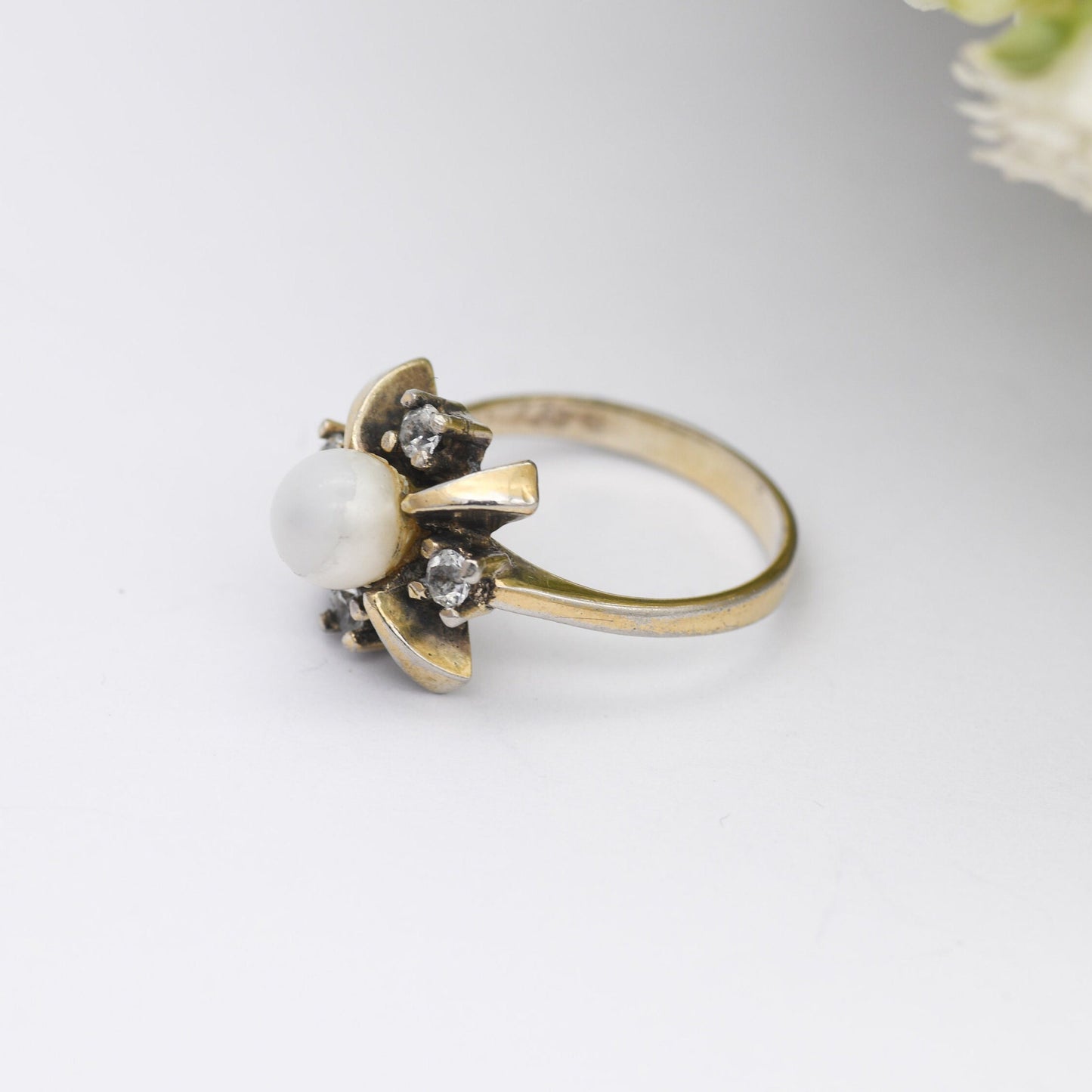 Vintage Silver Faux Pearl Ring with Clear Stones - Art Deco Star Shape | Statement Cocktail | UK Size - M | US Size - 6 1/4