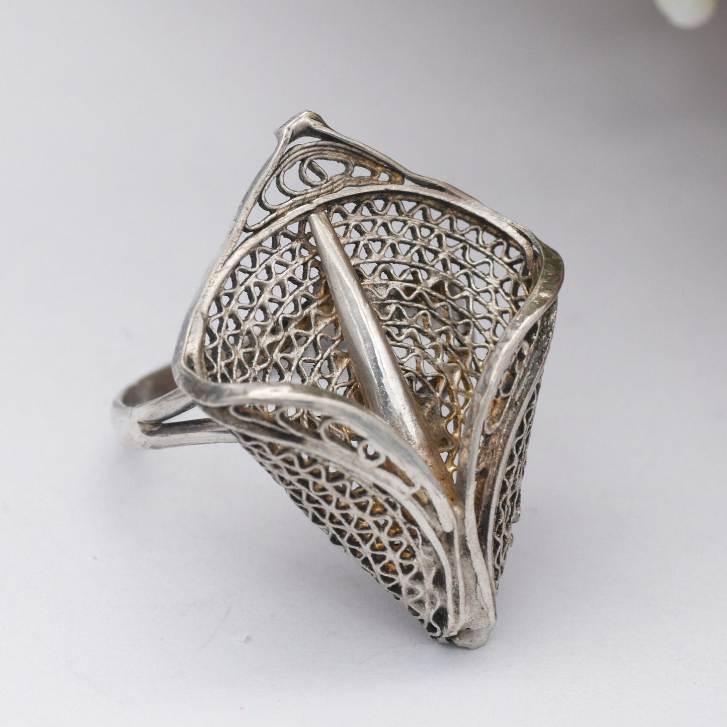 Vintage Silver Filigree Lily Flower Ring - Wirework Open Work Posy Ring | Large Statement | UK Size - M 1/2 | US Size - 6 1/2