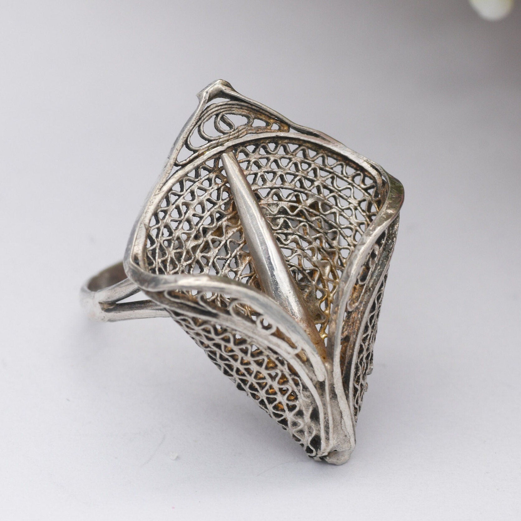 Vintage Silver Filigree Lily Flower Ring - Wirework Open Work Posy Ring | Large Statement | UK Size - M 1/2 | US Size - 6 1/2