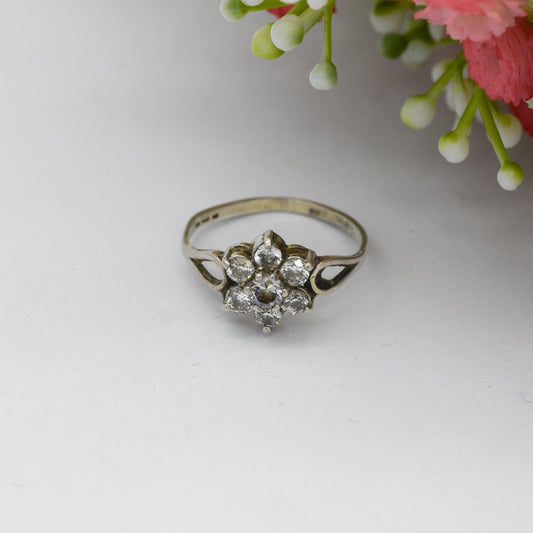 Vintage Sterling Silver Cluster Flower Ring - Statement Clear Stone Cocktail Ring | CZ | UK Size - O 1/2 | US Size - 7 1/2