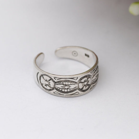 Vintage Sterling Silver Open Band Flower Ring - Adjustable Toe Midi Ring | UK Size - J 1/2 | US Size - 5